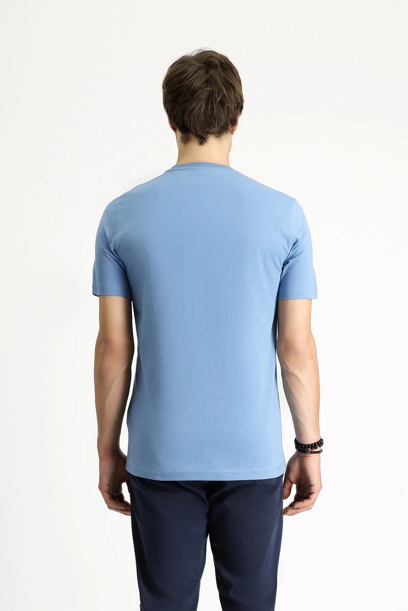 Havacı Mavi Bisiklet Yaka Slim Fit Dar Kesim Baskılı Pamuk Tişört - Image 6