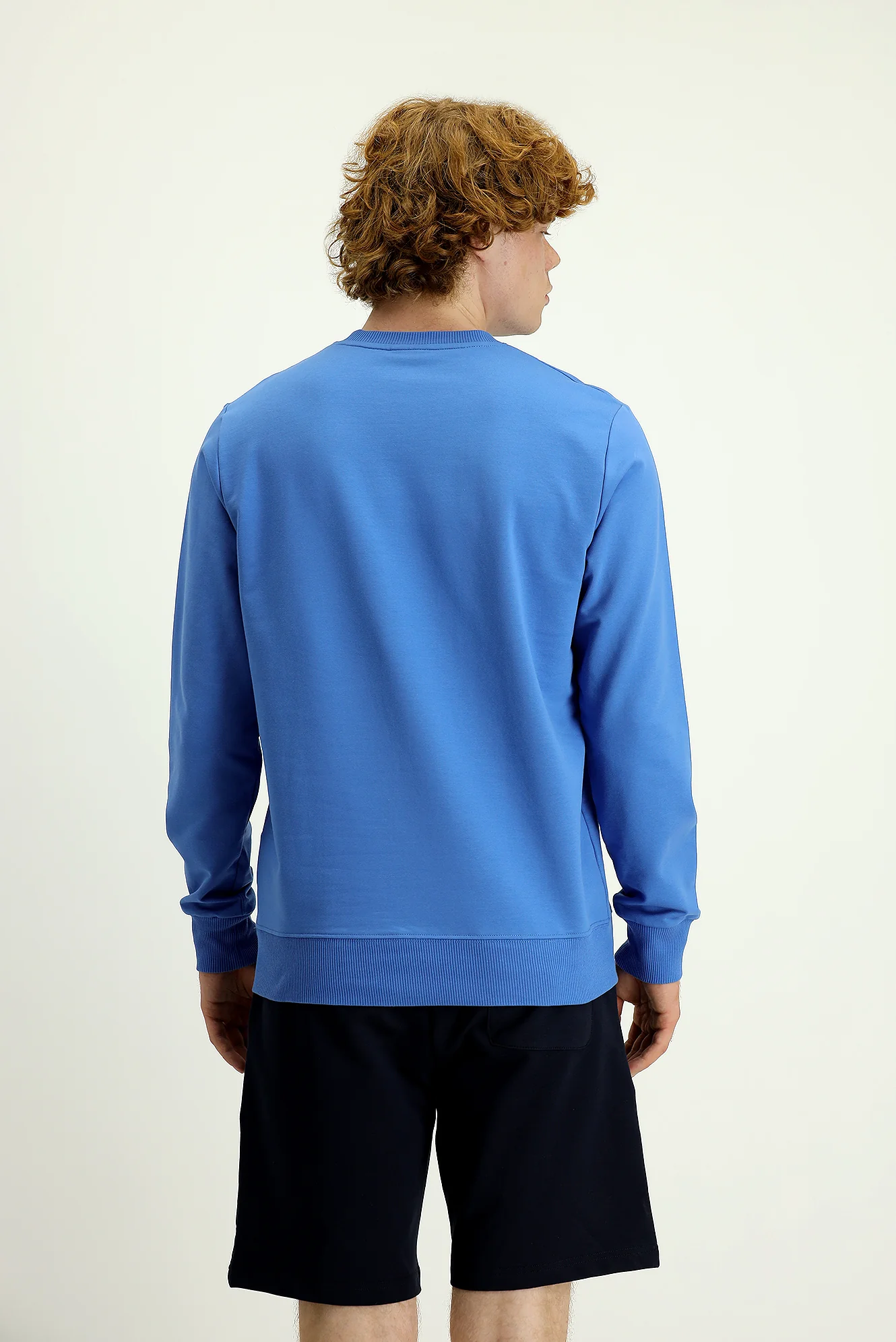 Havacı Mavi Bisiklet Yaka Slim Fit Dar Kesim Baskılı Pamuklu Sweatshirt - Image 3