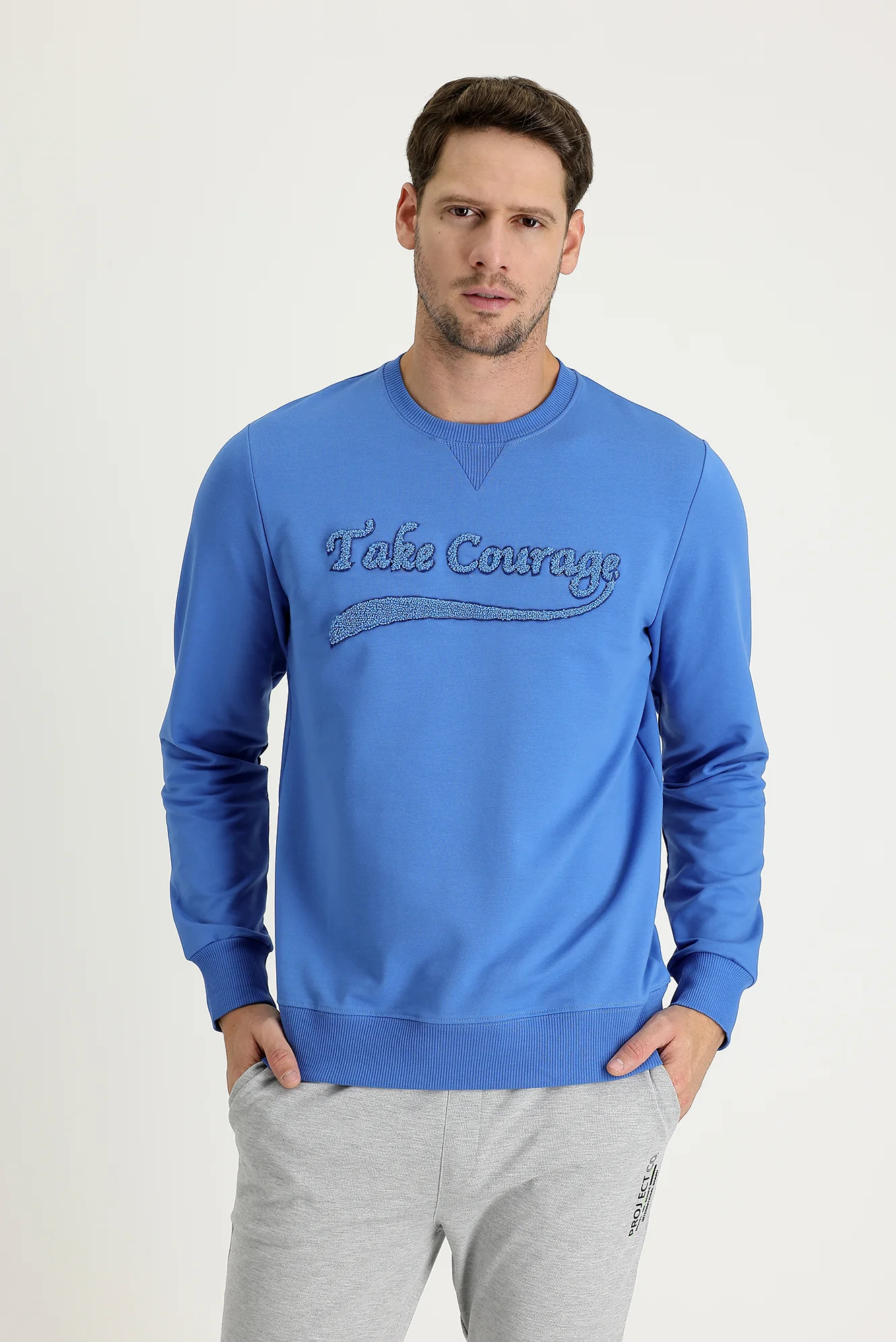 Havacı Mavi Bisiklet Yaka Slim Fit Dar Kesim Baskılı Sweatshirt