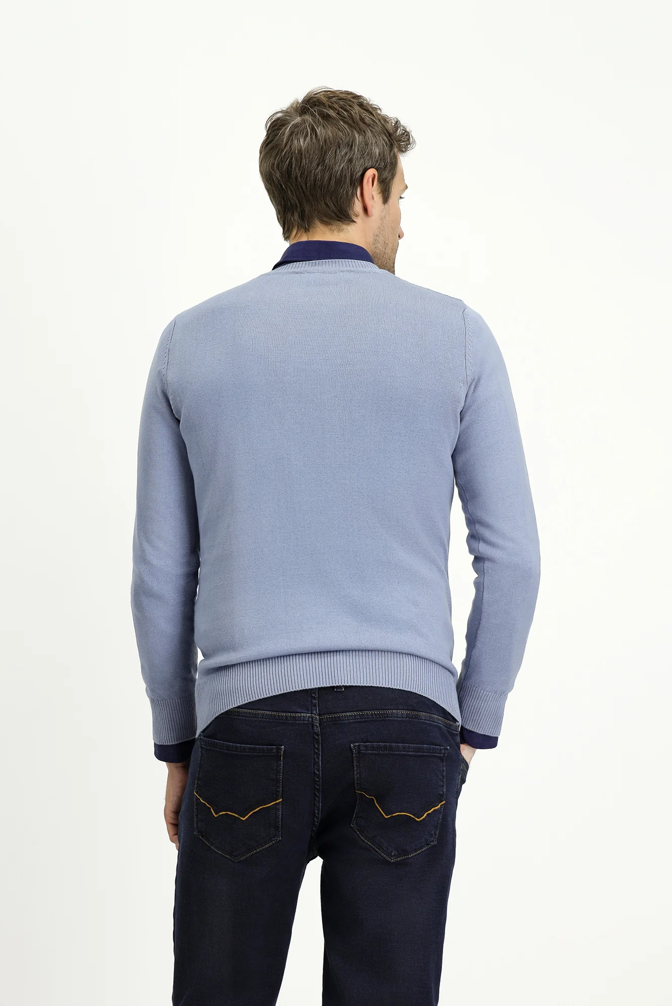 Havacı Mavi Bisiklet Yaka Slim Fit Dar Kesim Desenli Pamuklu Triko Kazak - Image 4
