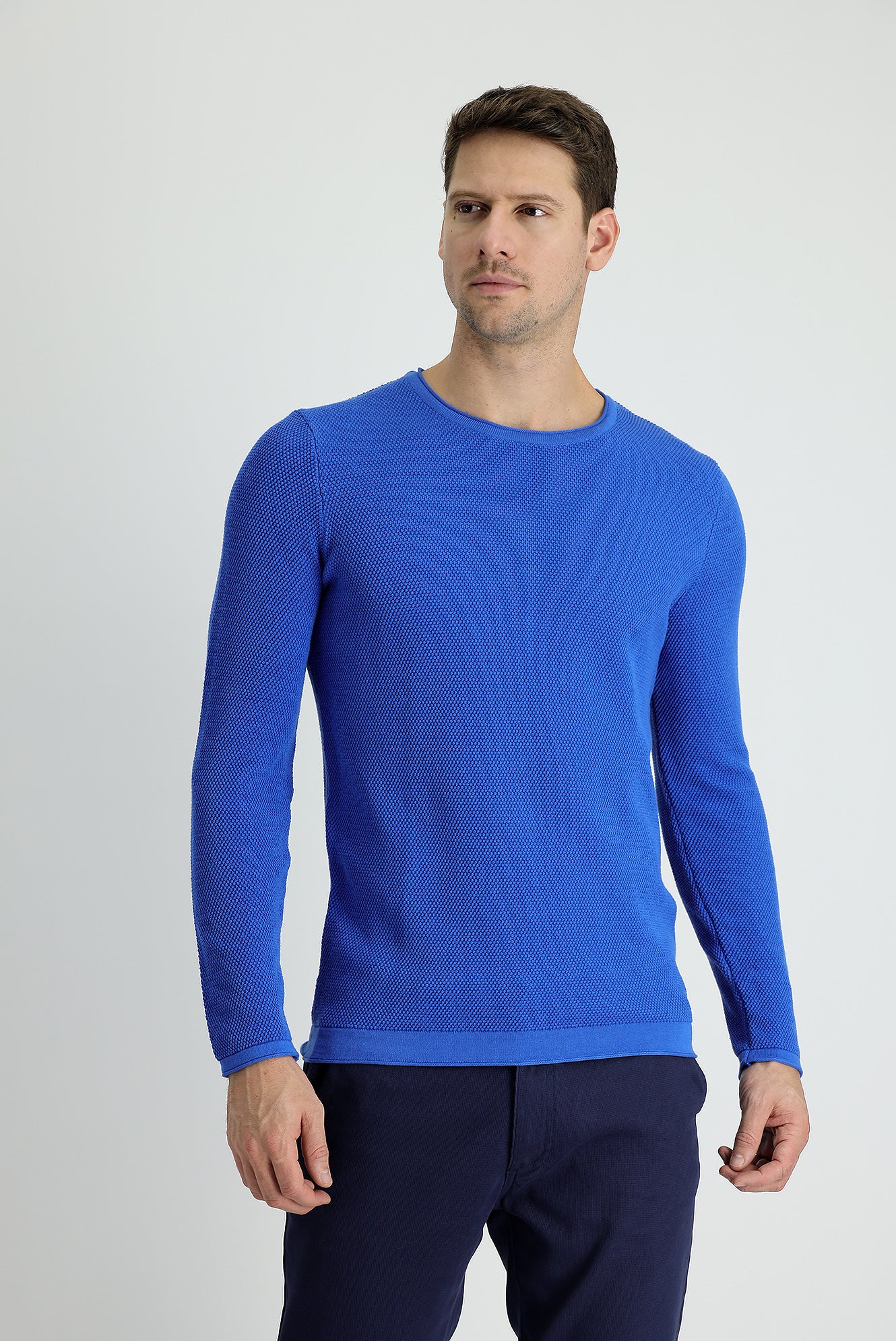 Havacı Mavi Bisiklet Yaka Slim Fit Dar Kesim Desenli Triko Kazak - Image 2