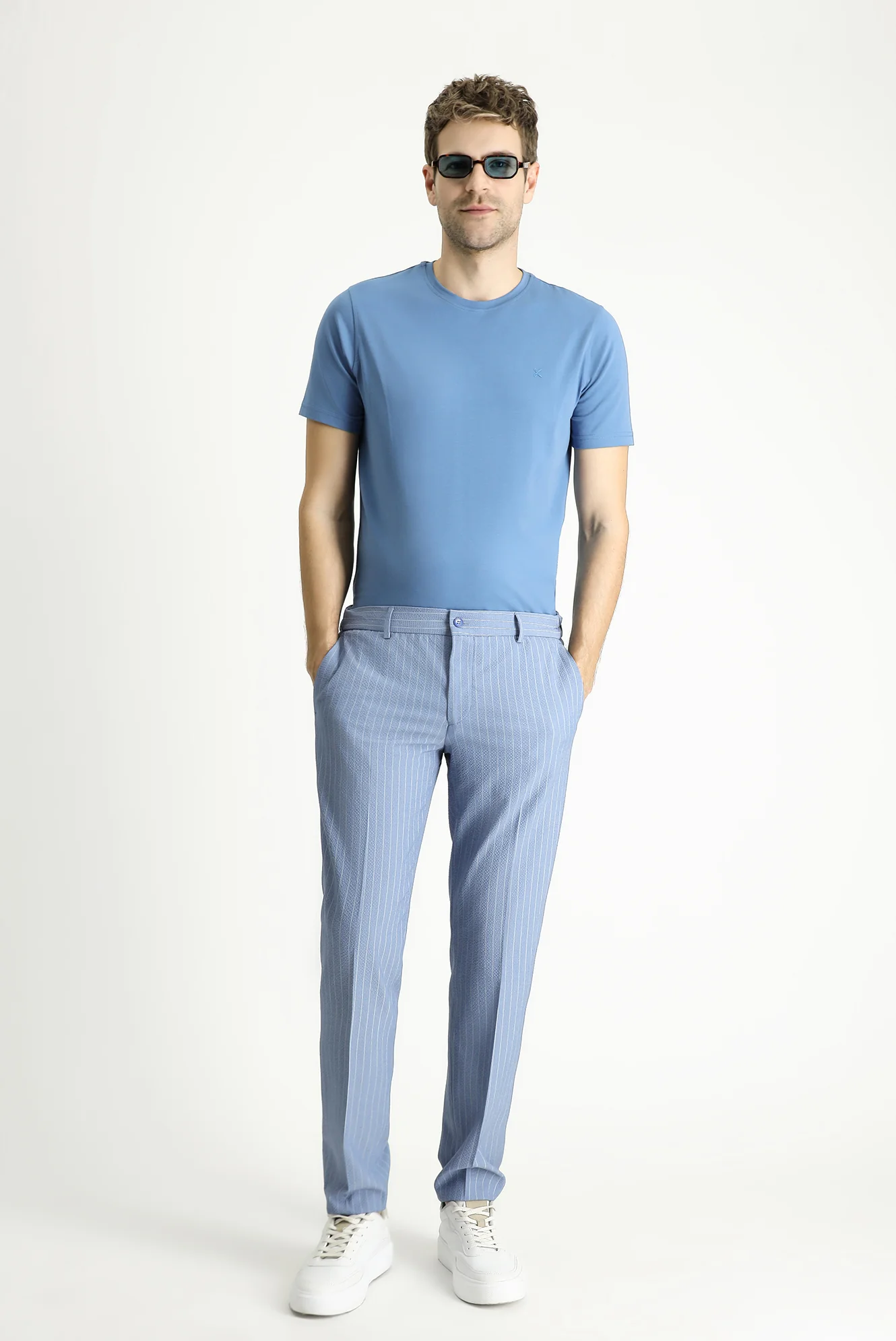 Havacı Mavi Bisiklet Yaka Slim Fit Yumuşak Dokulu Pamuklu Likralı Esnek Tişört - Image 3