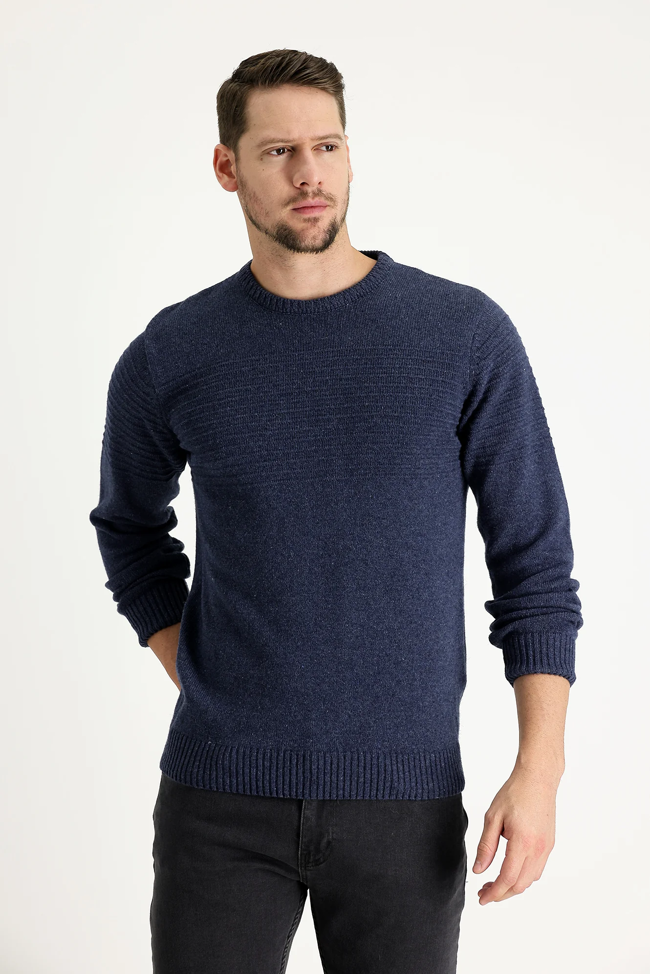 Havacı Mavi Bisiklet Yaka Slim Fit Dar Kesim Yünlü Desenli Triko Kazak