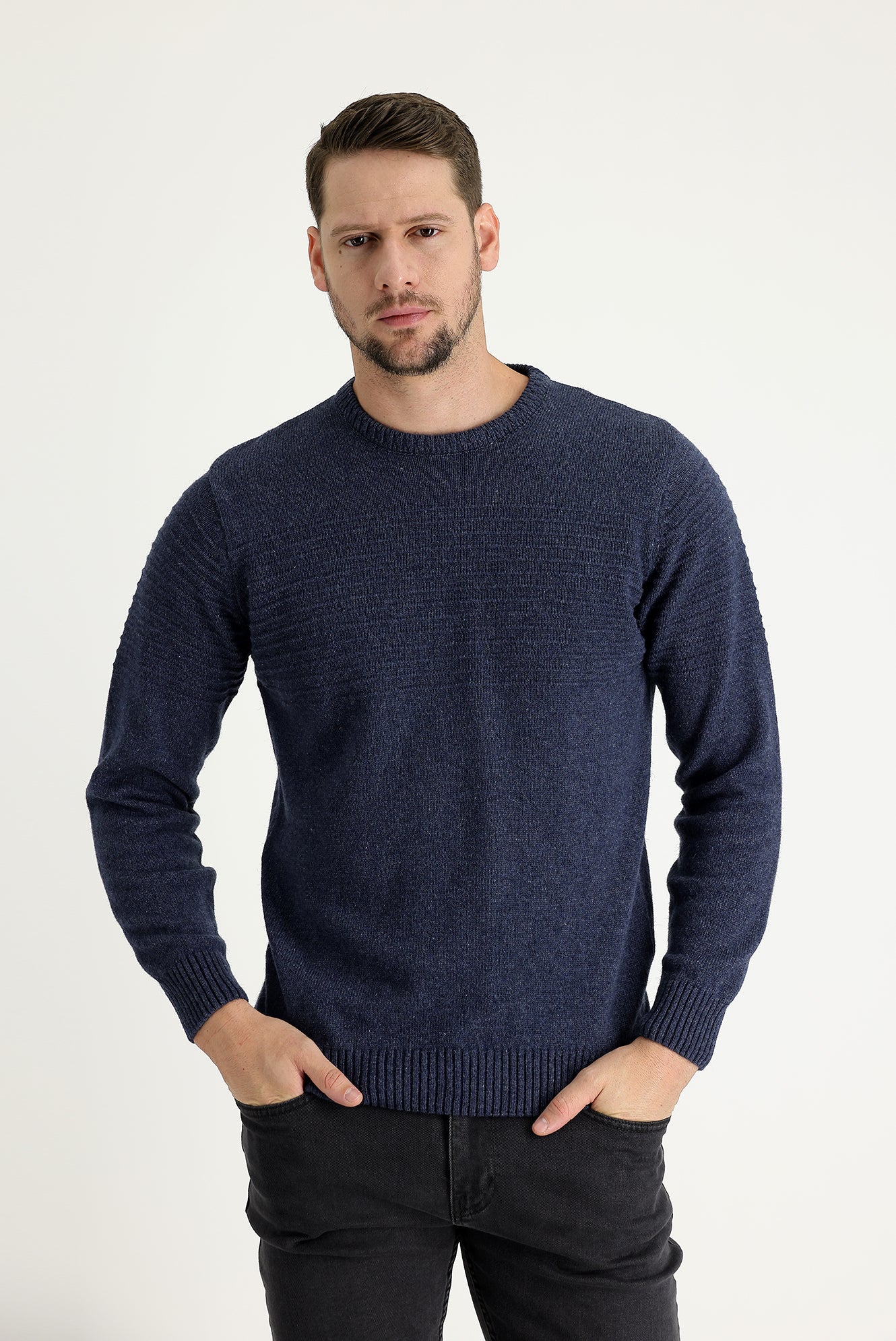 Havacı Mavi Bisiklet Yaka Slim Fit Dar Kesim Yünlü Desenli Triko Kazak - Image 2