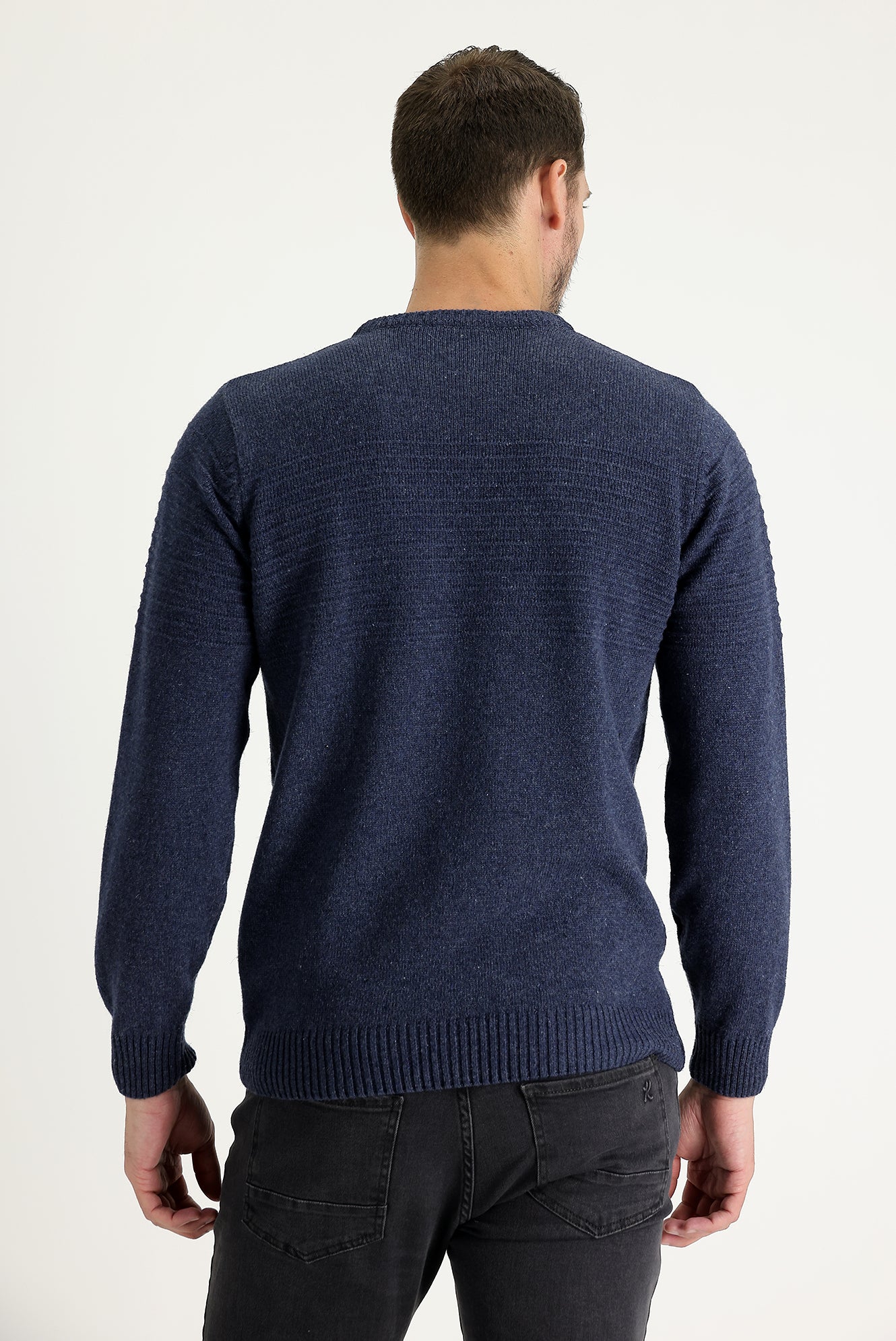 Havacı Mavi Bisiklet Yaka Slim Fit Dar Kesim Yünlü Desenli Triko Kazak - Image 3