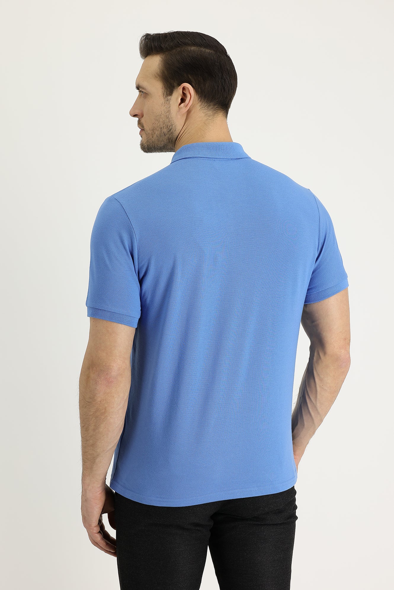 Havacı Mavi Polo Yaka Regular Fit Nakışlı Pamuk Tişört - Image 2
