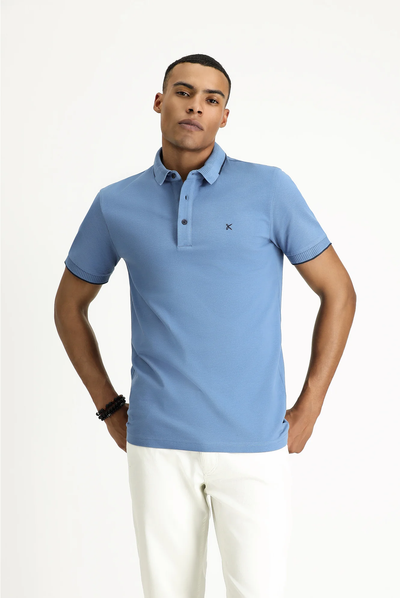 Havacı Mavi Polo Yaka Slim Fit Dar Kesim Desenli Nakışlı Pamuk Tişört - Image 4