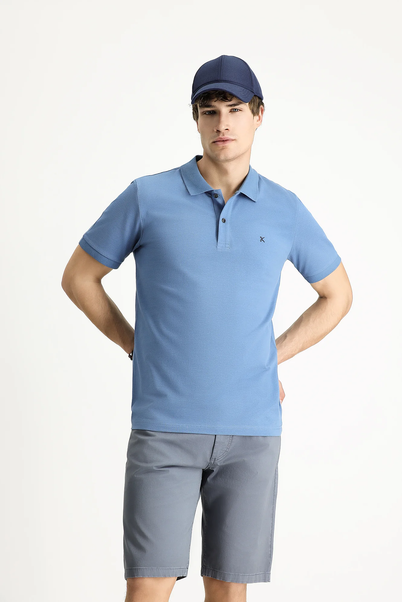 Havacı Mavi Polo Yaka Slim Fit Dar Kesim Nakışlı Pamuk Tişört
