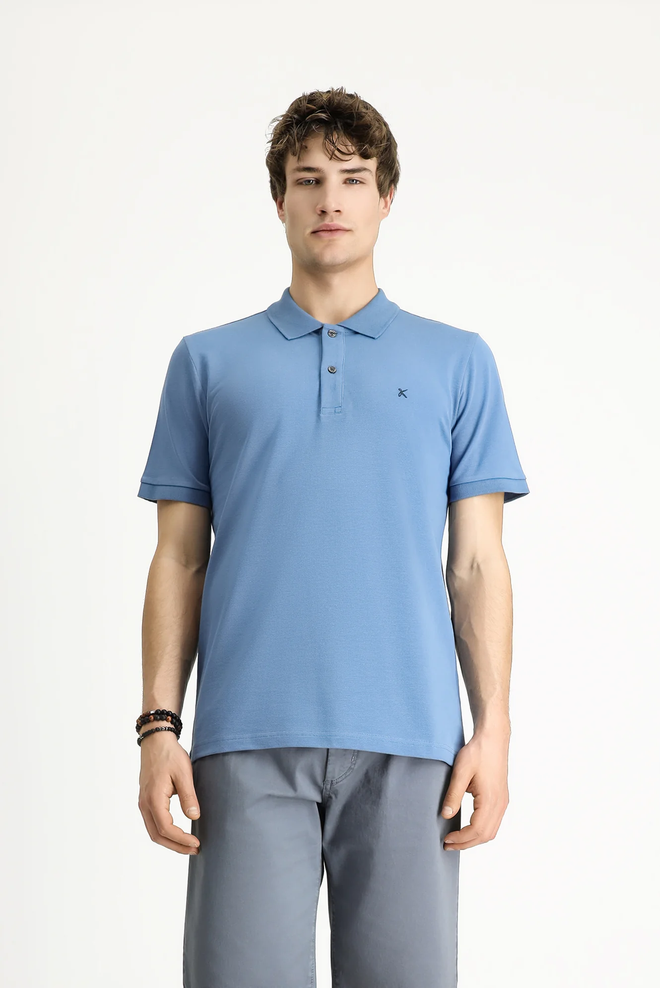 Havacı Mavi Polo Yaka Slim Fit Dar Kesim Nakışlı Pamuk Tişört - Image 3