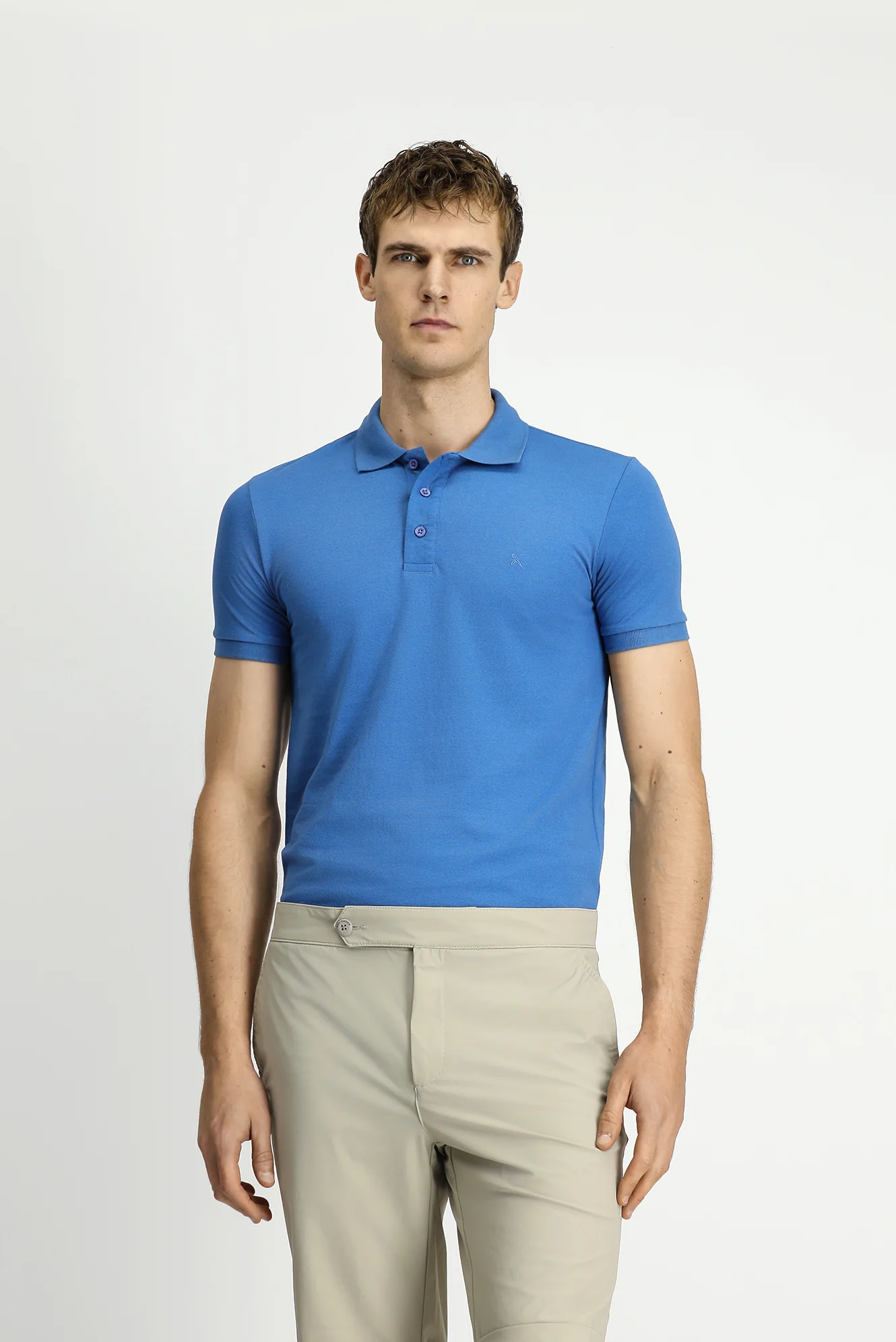 Havacı Mavi Slim Fit Dar Kesim Nakışlı Pamuklu Polo Yaka Tişört