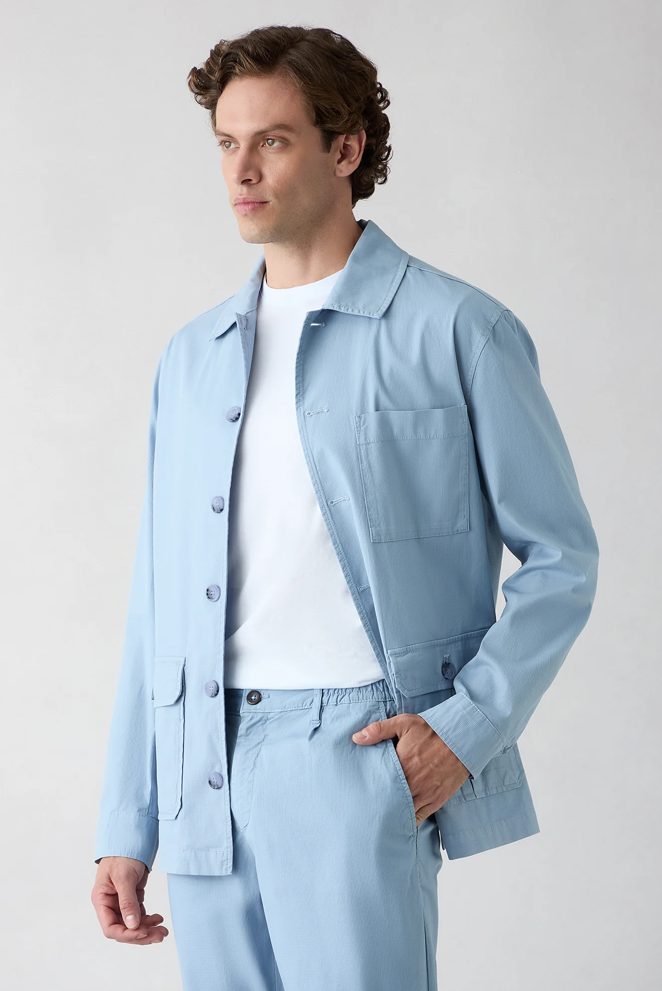Havacı Mavi Regular Fit Desenli Pamuklu Düğmeli Cepli Spor Gömlek / Mont - Image 5
