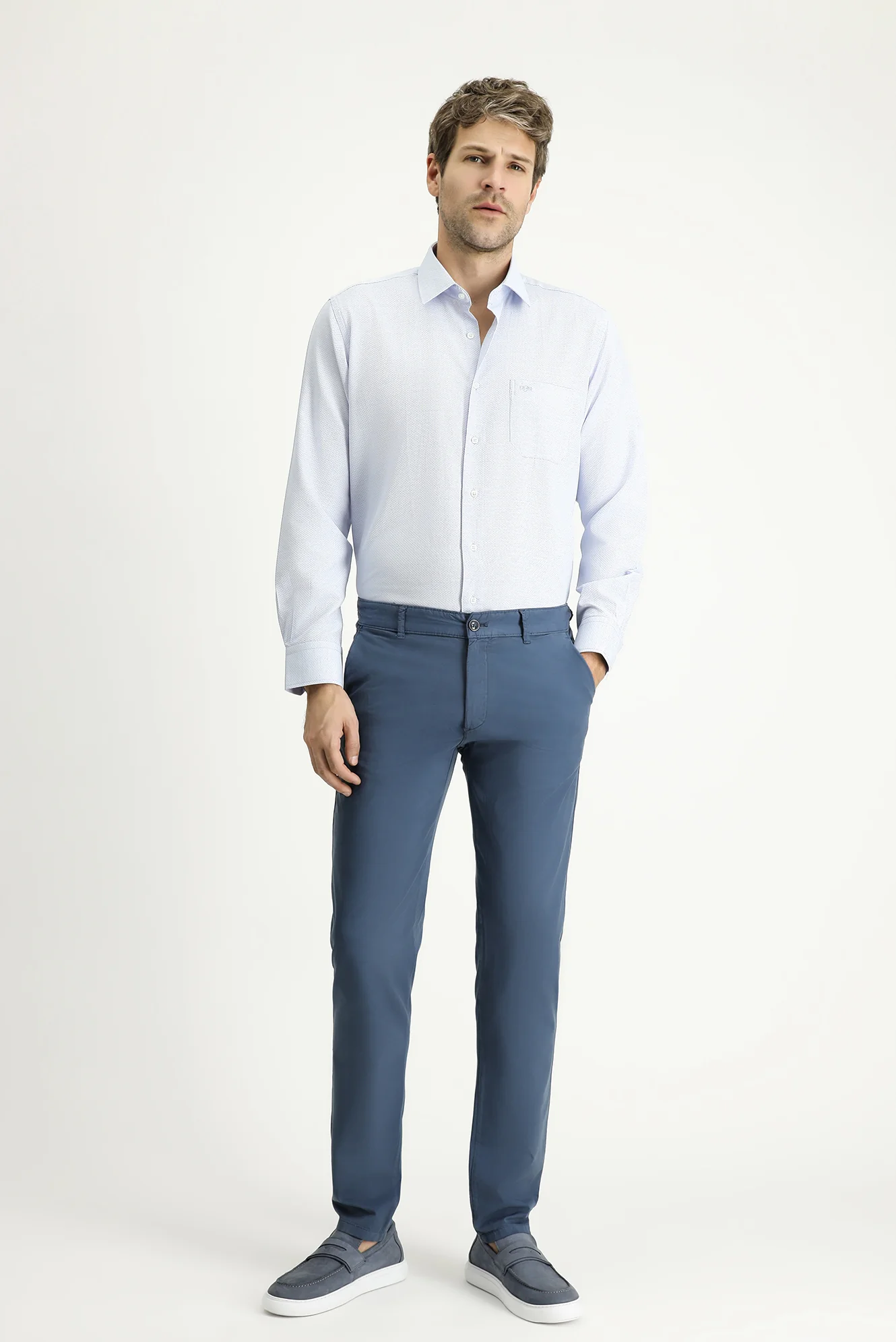 Havacı Mavi Slim Fit Dar Kesim Likralı Saten Kanvas / Chino Pantolon