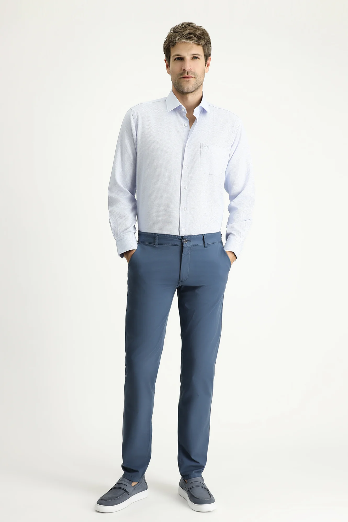 Havacı Mavi Slim Fit Dar Kesim Likralı Saten Kanvas / Chino Pantolon - Image 2