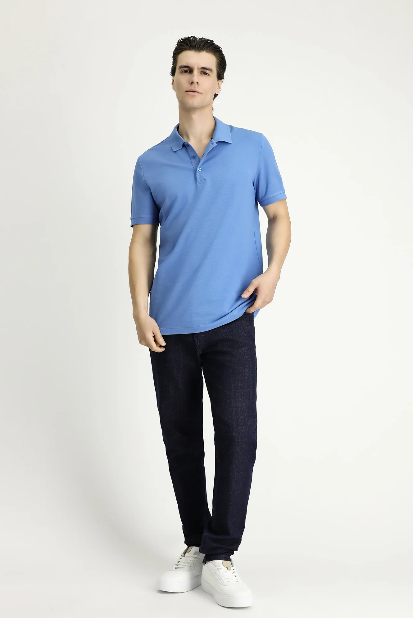 Havacı Mavi Slim Fit Dar Kesim Nakışlı Pamuk Polo Yaka Tişört - Image 2