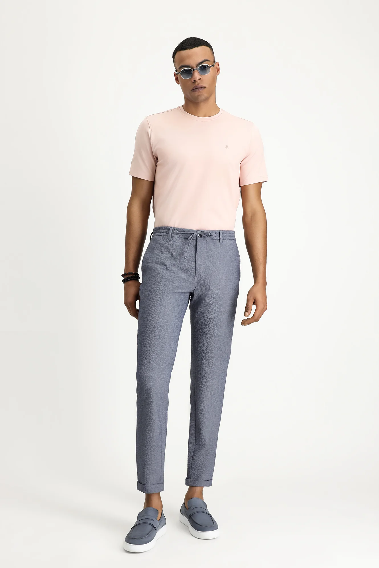 Havacı Mavi 7 Drop Super Slim Fit Eksra Dar Kesim Beli Lastikli İpli Gofre Likralı Klasik Kumaş Pantolon
