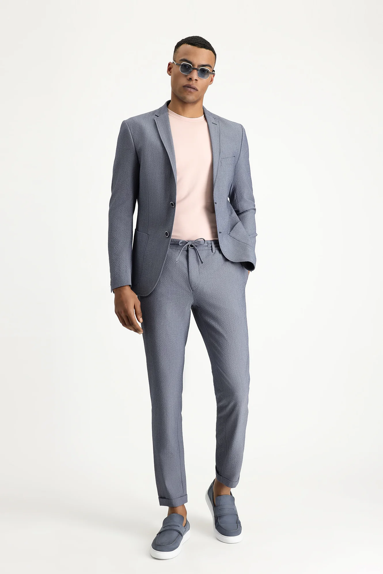 Havacı Mavi 7 Drop Super Slim Fit Eksra Dar Kesim Beli Lastikli İpli Gofre Likralı Klasik Kumaş Pantolon - Image 2