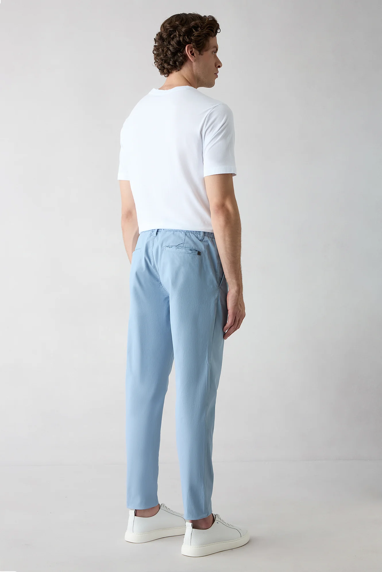 Havacı Mavi Tapered Fit Beli Lastikli Çizgili Likralı Yan Cepli Kanvas / Chino Pantolon - Image 5