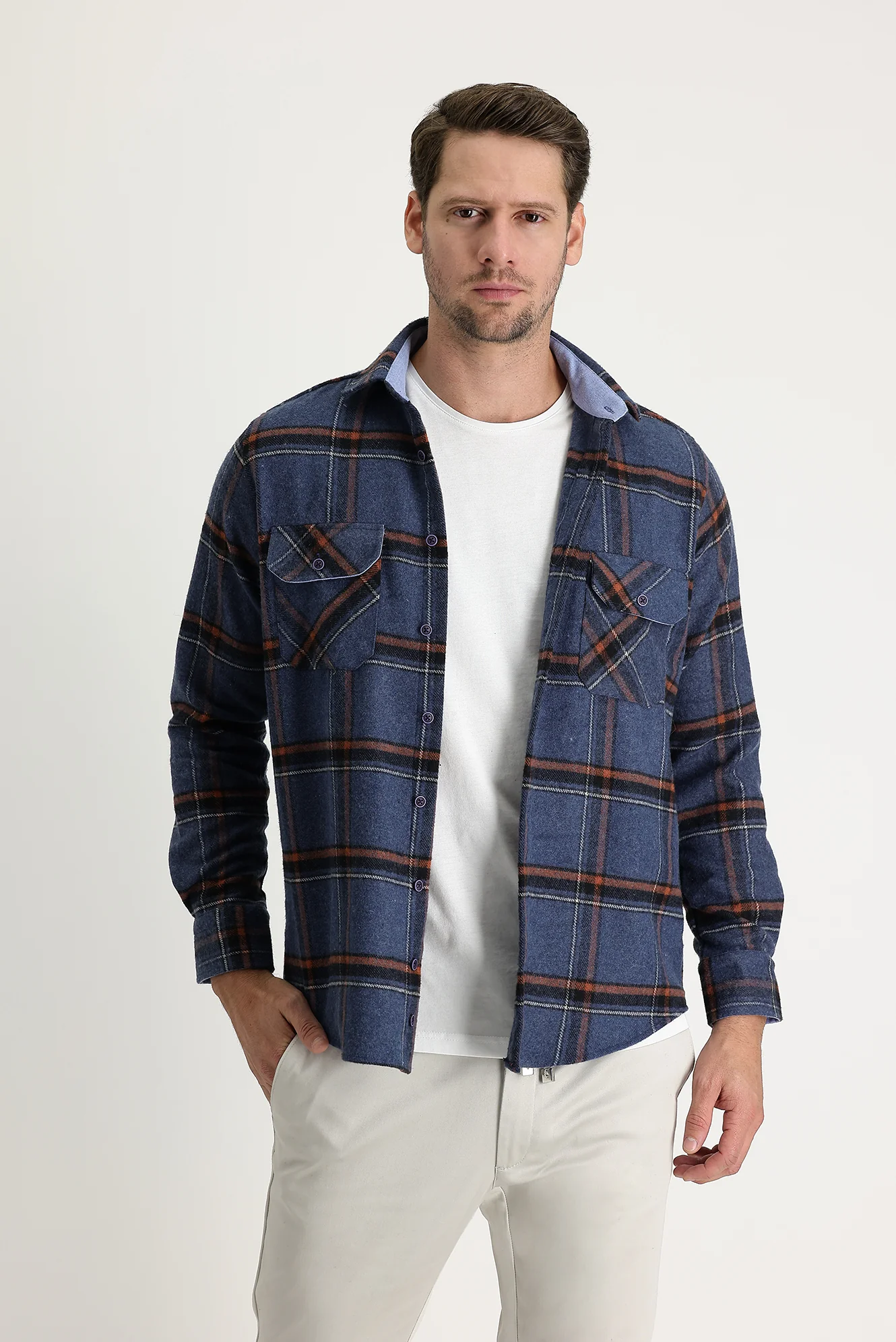 Havacı Mavi Uzun Kol Regular Fit Ekose Shacket Oduncu Pamuklu Gömlek
