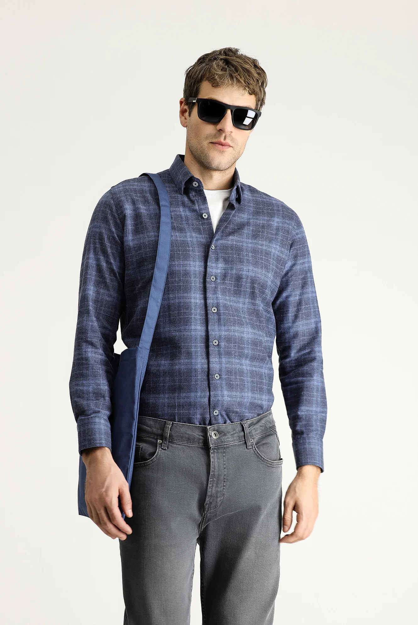 Havacı Mavi Uzun Kol Slim Fit Dar Kesim Oduncu Ekose Pamuklu Kolay Ütülenebilir Gömlek - Image 2