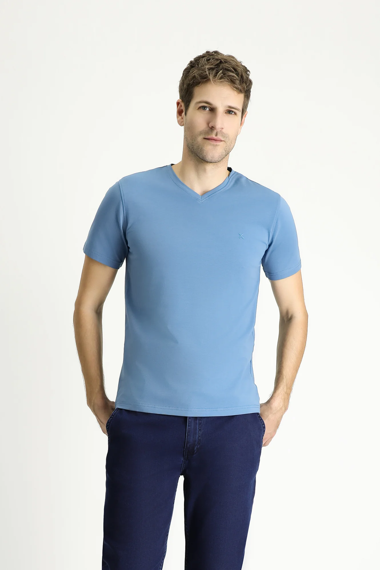 Havacı Mavi V Yaka Slim Fit Dar Kesim Süprem Pamuklu Basic Tişört