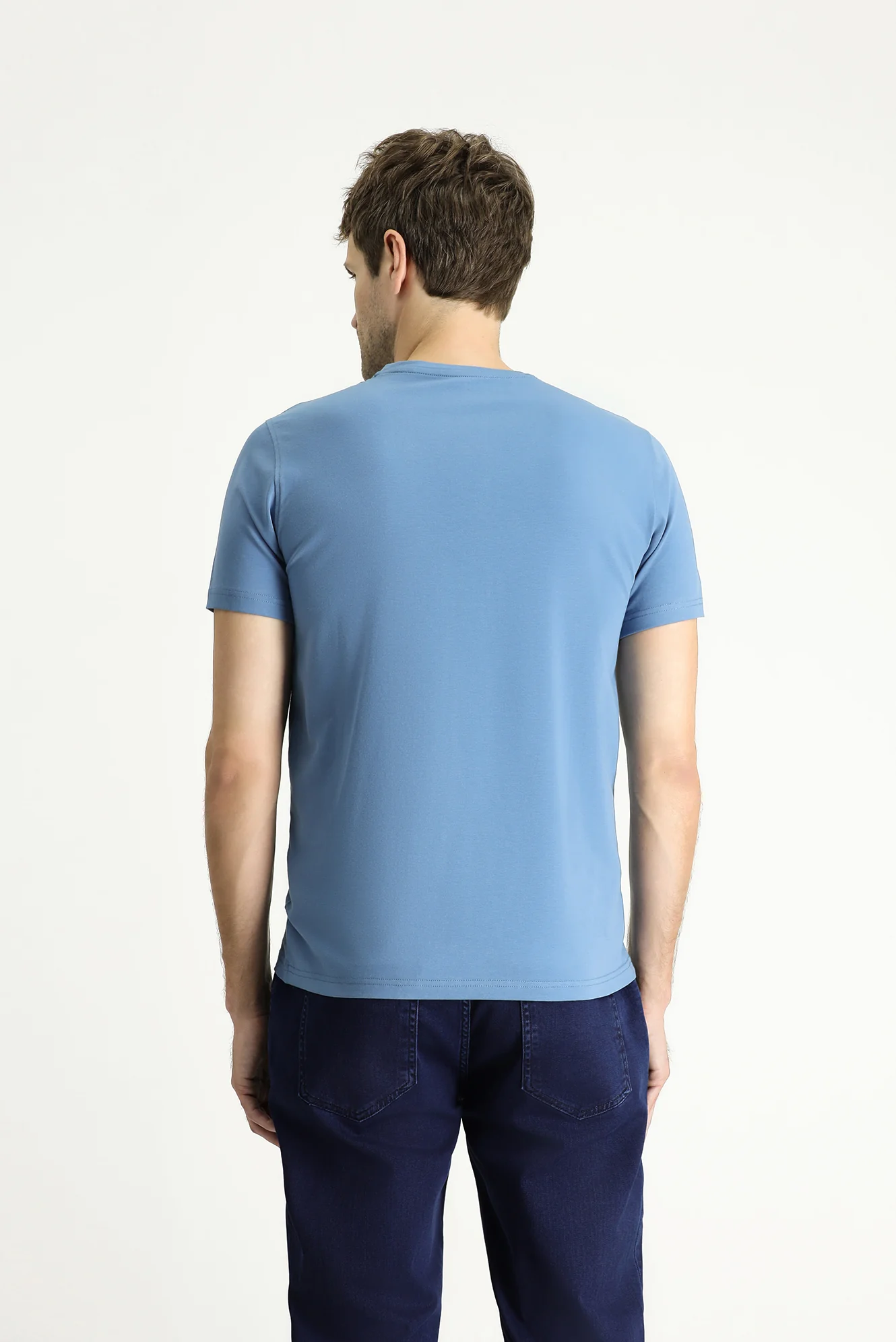 Havacı Mavi V Yaka Slim Fit Dar Kesim Süprem Pamuklu Basic Tişört - Image 4