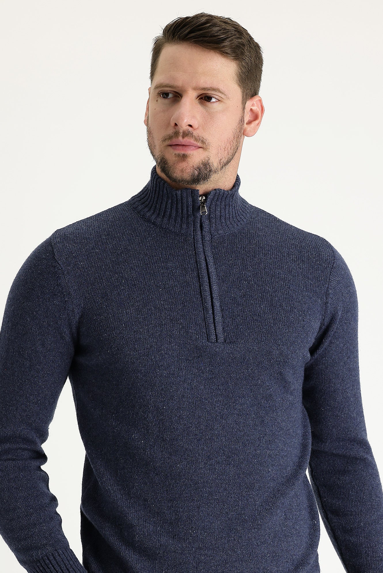 Havacı Mavi Yarım Balıkçı Yaka Slim Fit Dar Kesim Fermuarlı Yünlü Triko Kazak