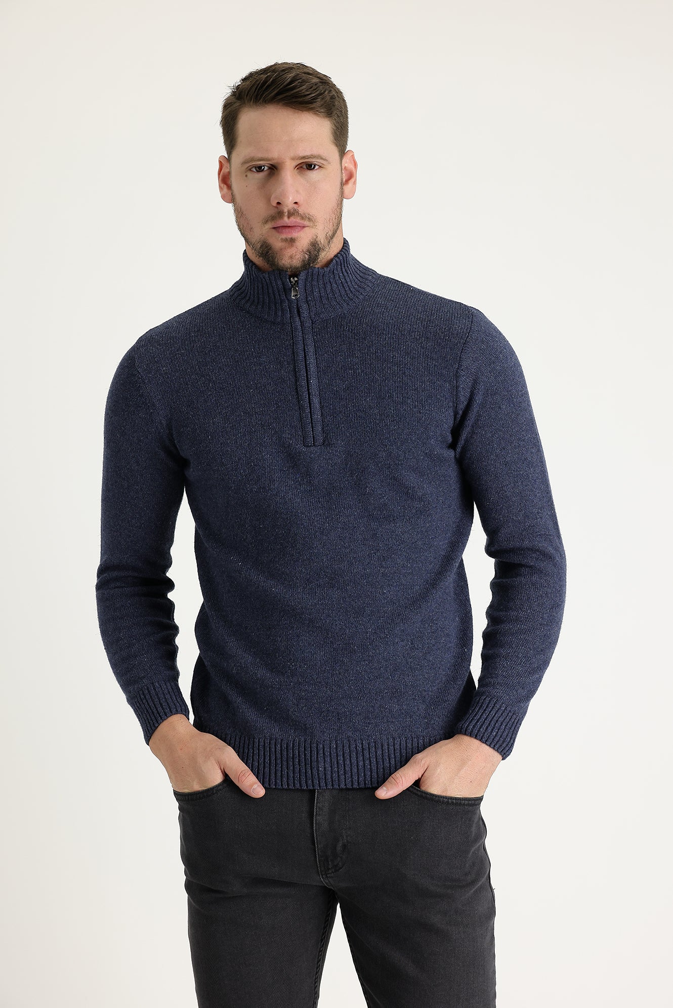 Havacı Mavi Yarım Balıkçı Yaka Slim Fit Dar Kesim Fermuarlı Yünlü Triko Kazak - Image 2