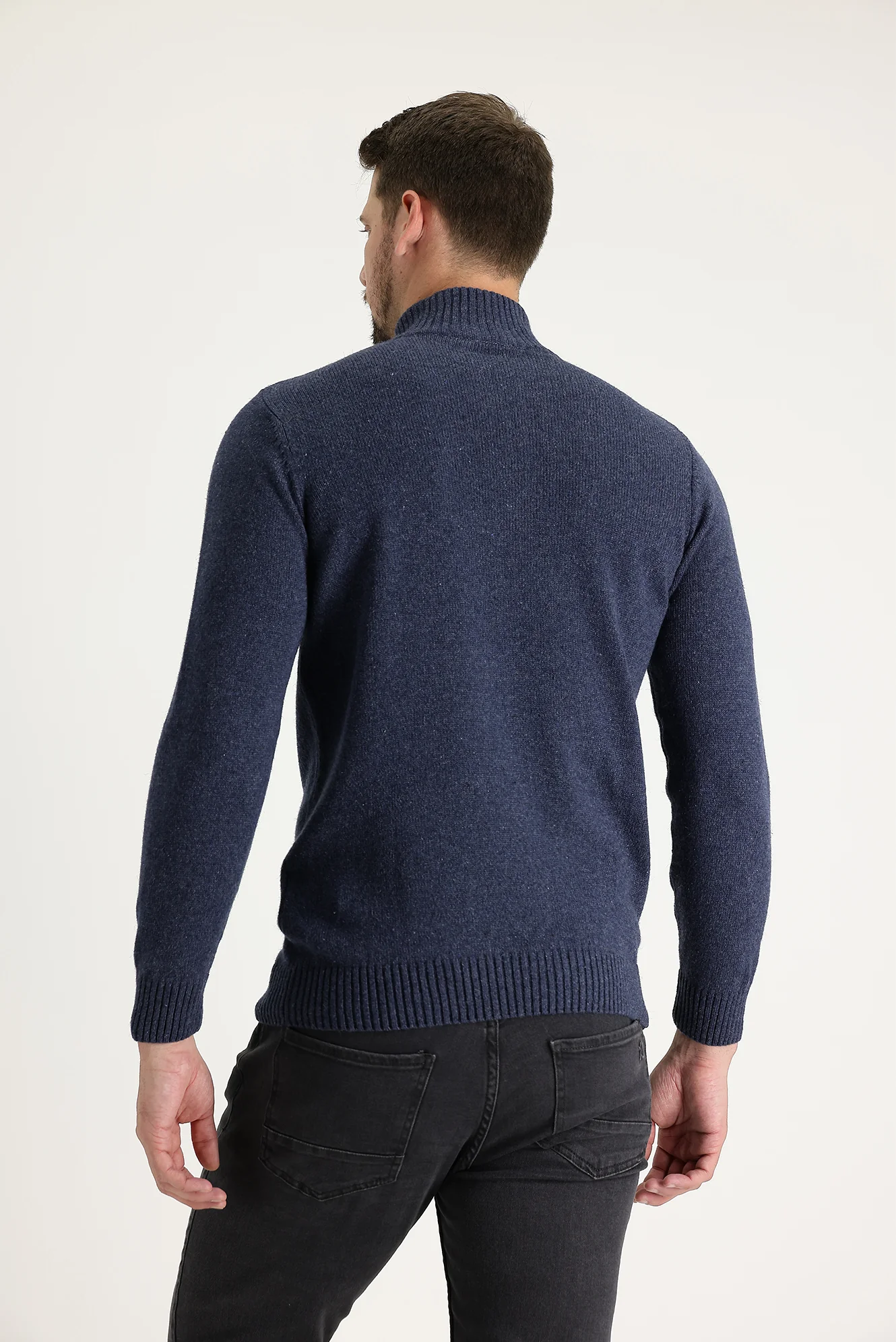 Havacı Mavi Yarım Balıkçı Yaka Slim Fit Dar Kesim Fermuarlı Yünlü Triko Kazak - Image 3