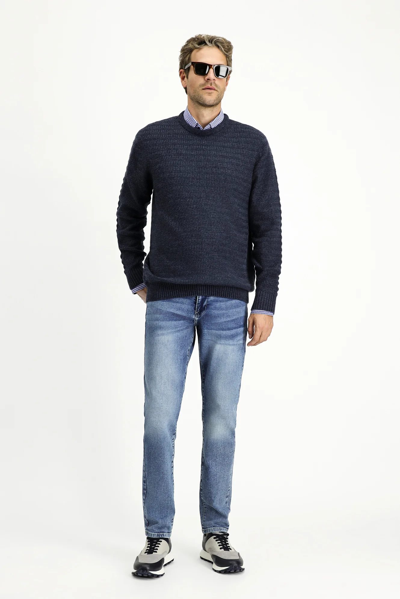 İndigo Bisiklet Yaka Regular Fit Desenli Triko Kazak - Image 2