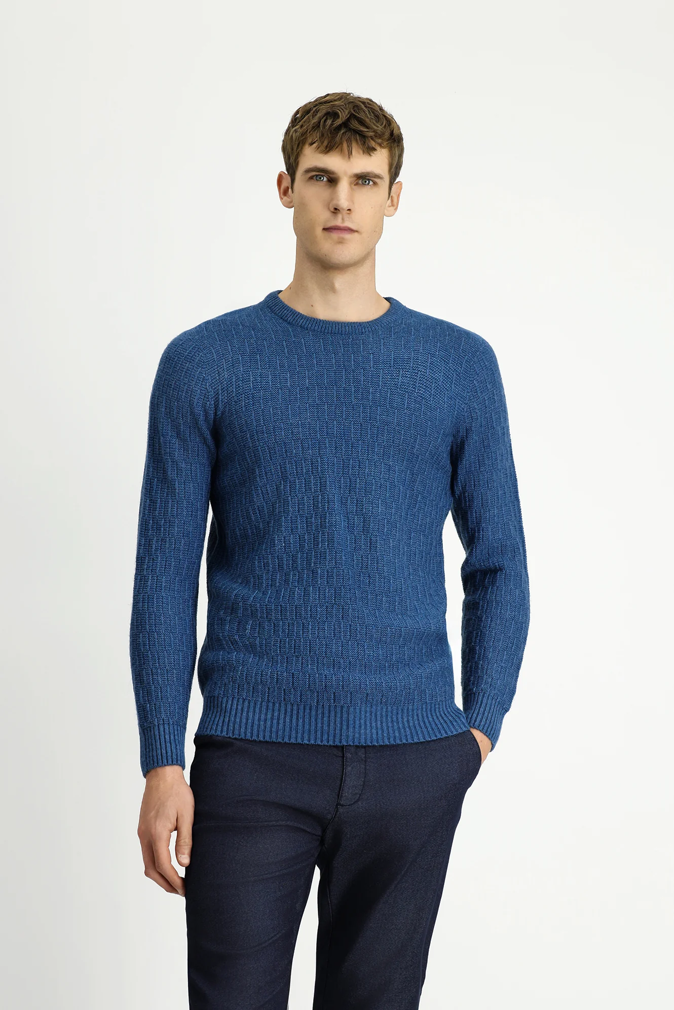 İndigo Bisiklet Yaka Regular Fit Desenli Triko Kazak - Image 3