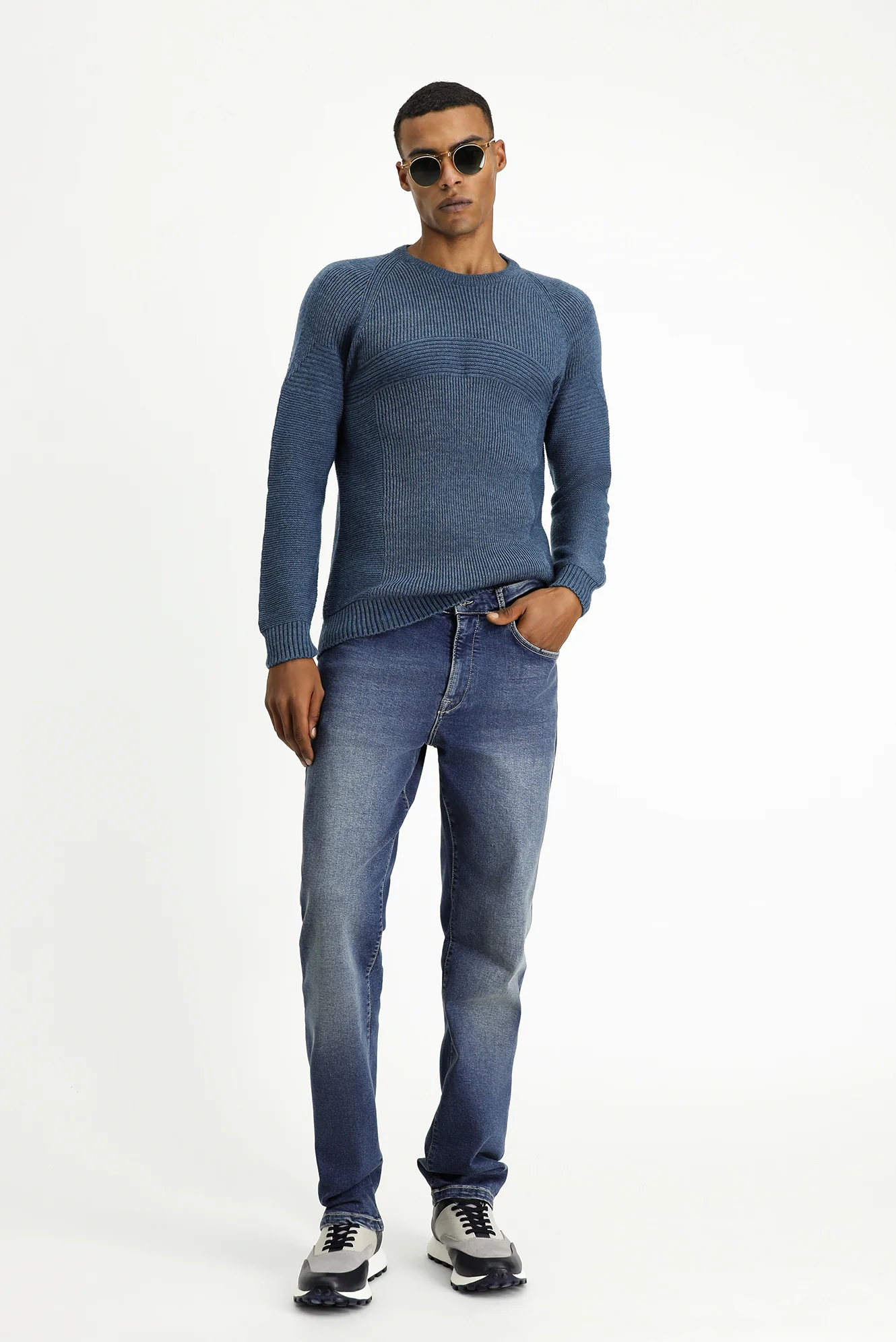İndigo Bisiklet Yaka Regular Fit Desenli Triko Kazak - Image 3