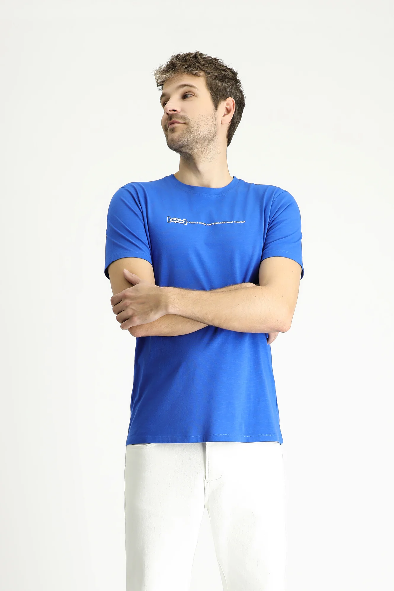 İndigo Bisiklet Yaka Slim Fit Dar Kesim Baskılı Pamuk Tişört