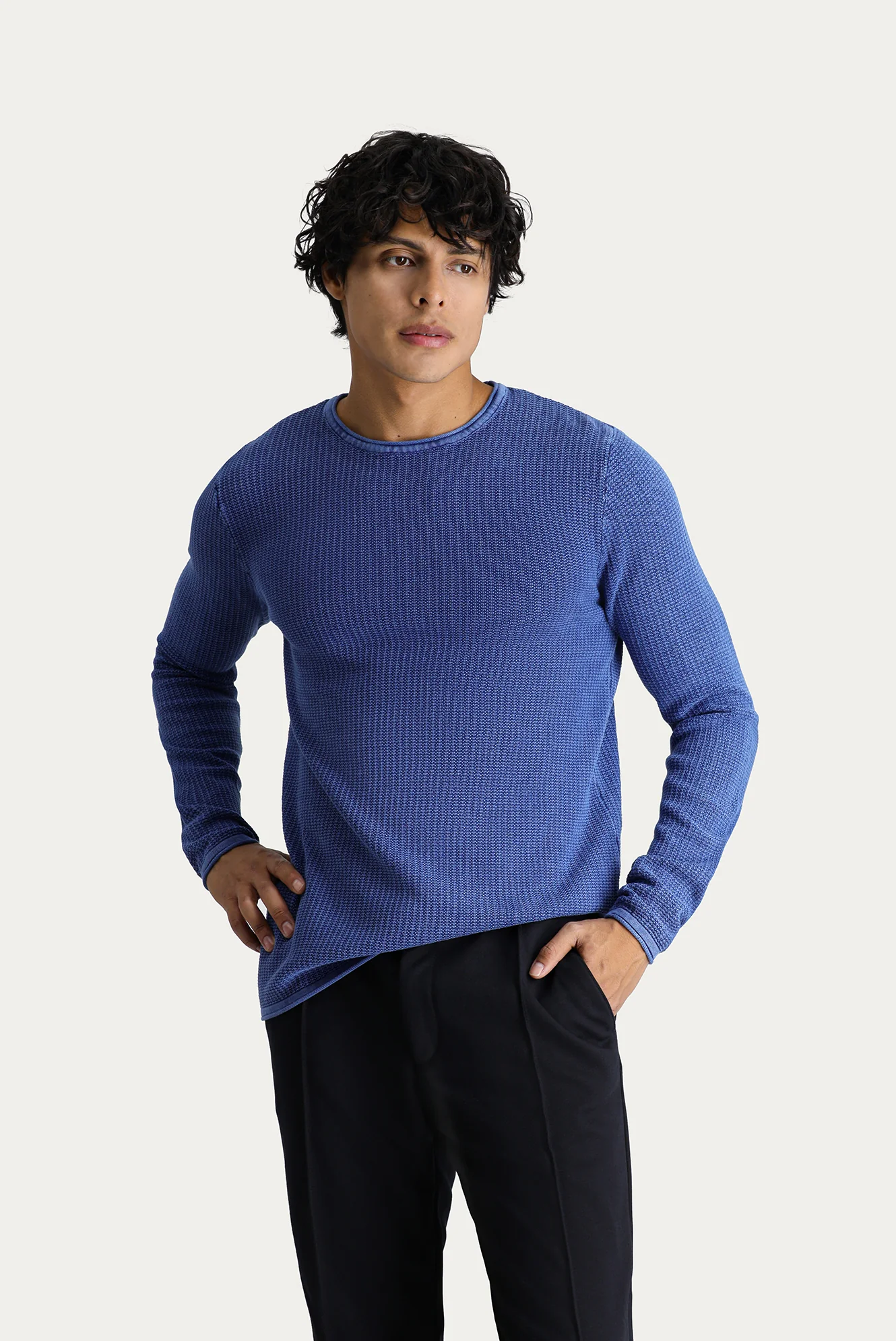 İndigo Bisiklet Yaka Slim Fit Dar Kesim Desenli Pamuk Triko Kazak - Image 3