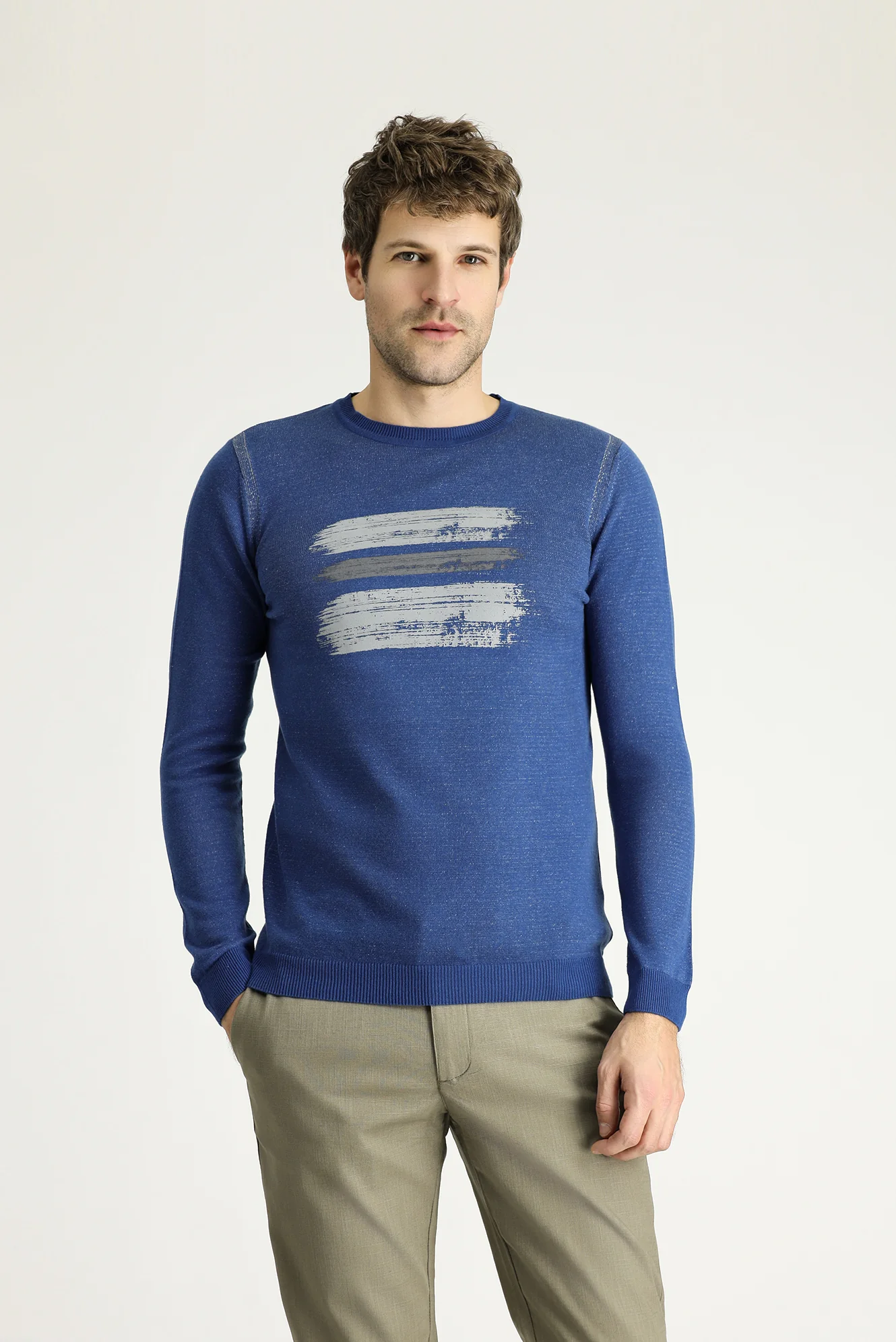 İndigo Bisiklet Yaka Slim Fit Dar Kesim Desenli Pamuklu Triko Kazak - Image 3