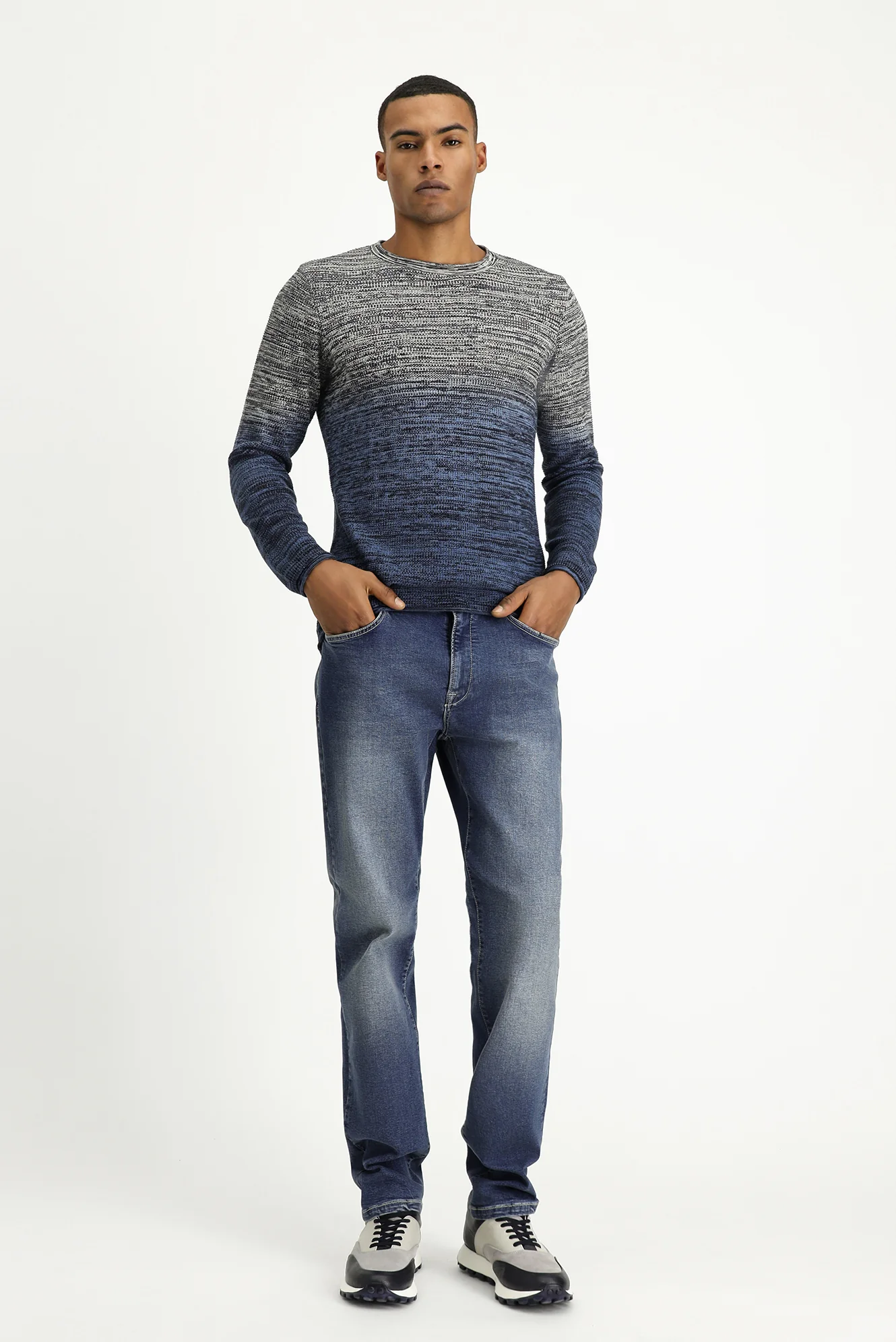 İndigo Bisiklet Yaka Slim Fit Dar Kesim Desenli Pamuklu Triko Kazak - Image 3
