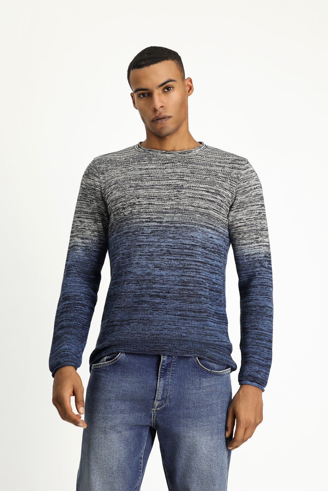 İndigo Bisiklet Yaka Slim Fit Dar Kesim Desenli Pamuklu Triko Kazak - Image 4