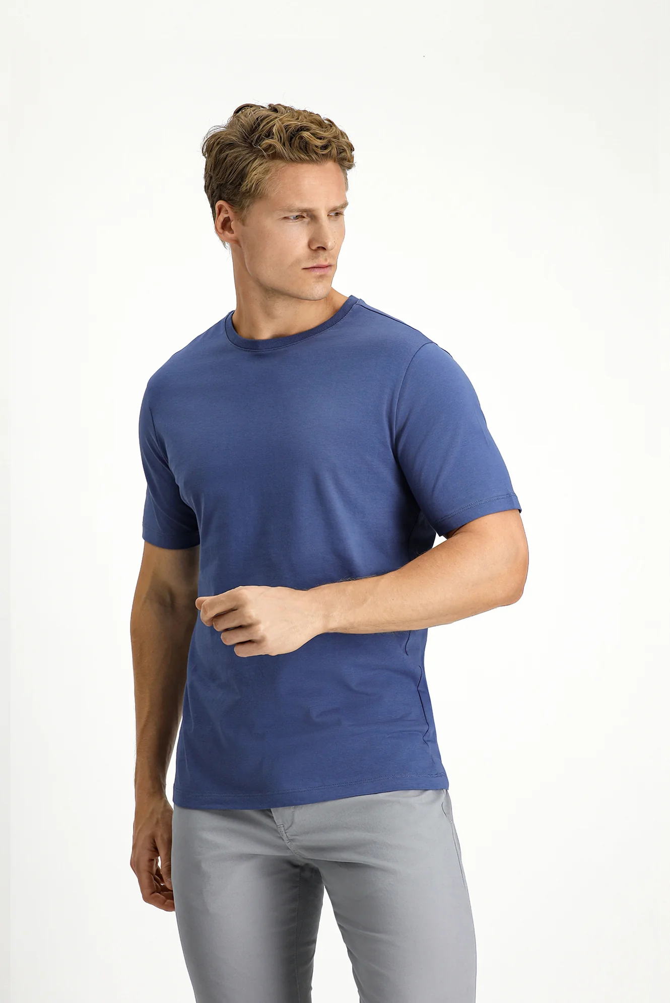 İndigo Bisiklet Yaka Slim Fit %100 Pamuk Tişört - Image 3