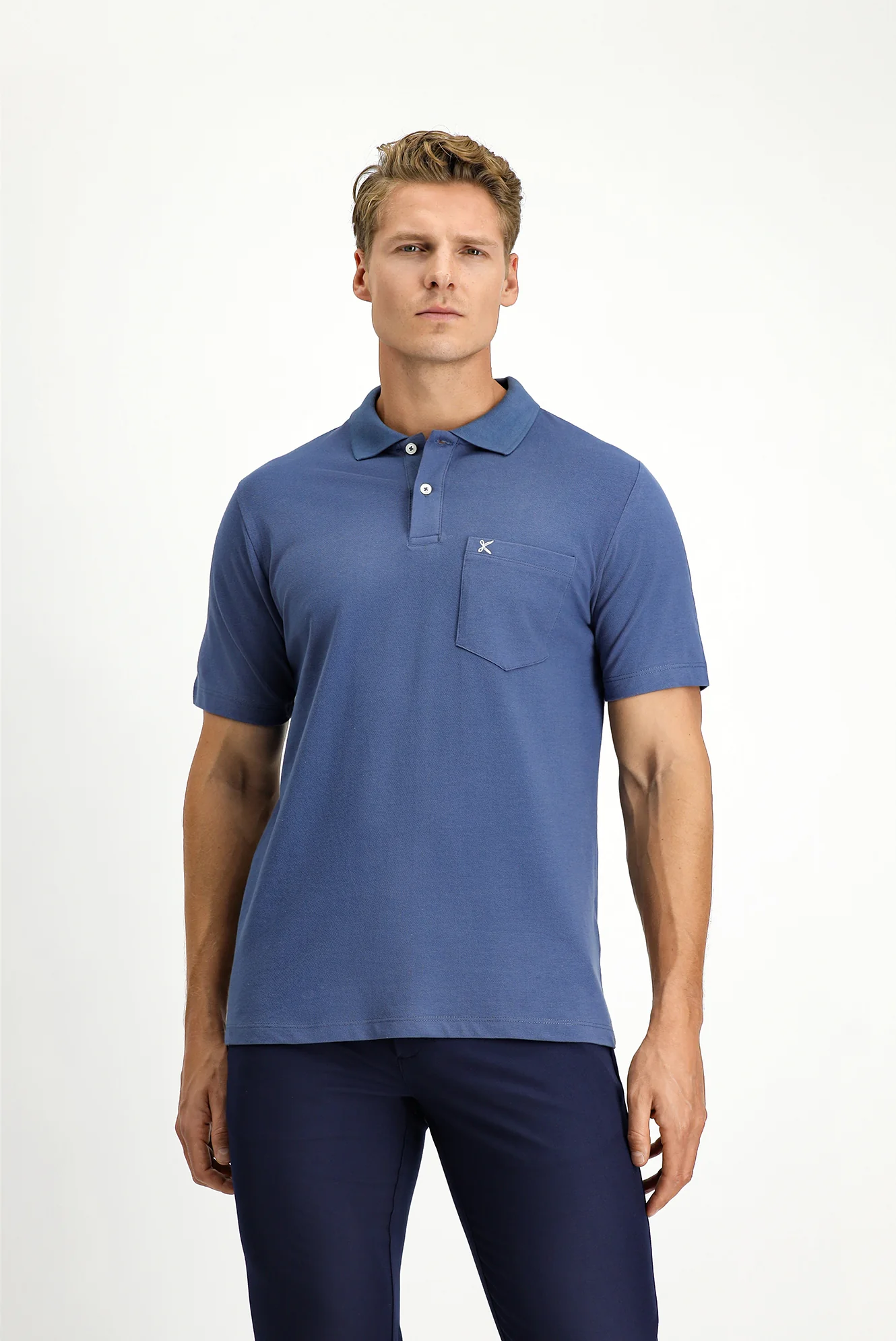 İndigo Polo Yaka Regular Fit Cepli Nakışlı %100 Pamuk Tişört - Image 4