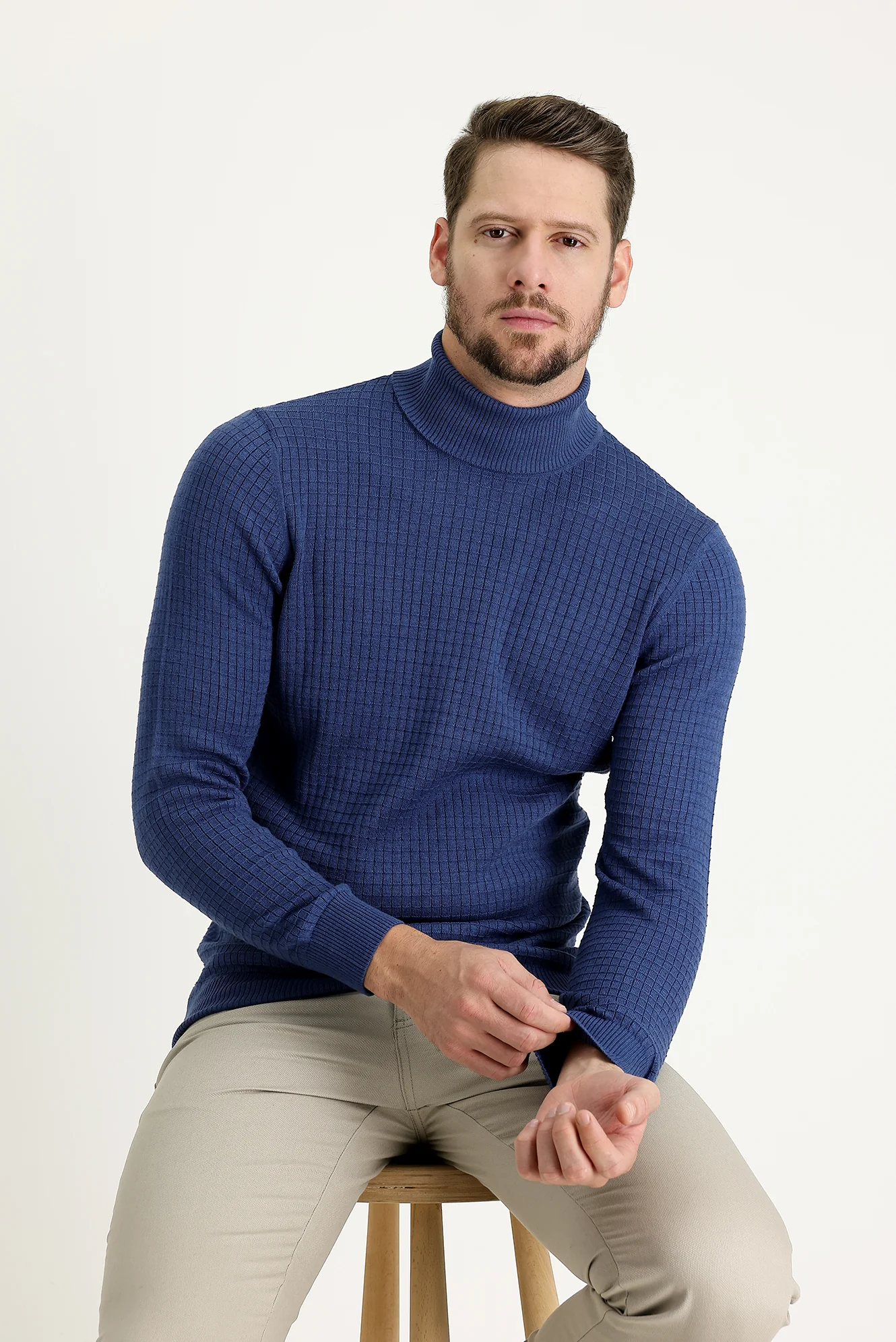 İndigo Melanj Balıkçı Yaka Slim Fit Dar Kesim Desenli Triko Kazak
