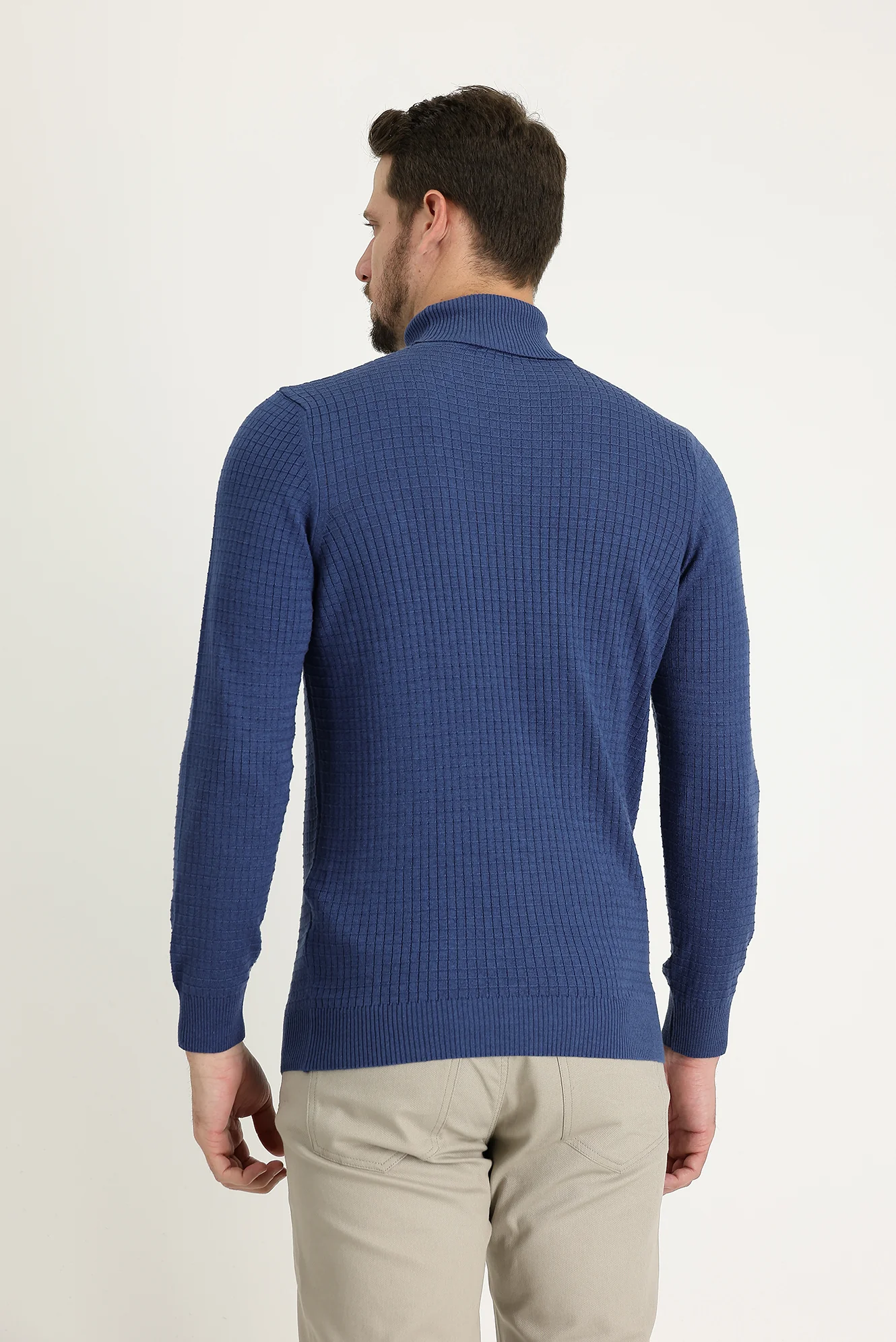 İndigo Melanj Balıkçı Yaka Slim Fit Dar Kesim Desenli Triko Kazak - Image 3