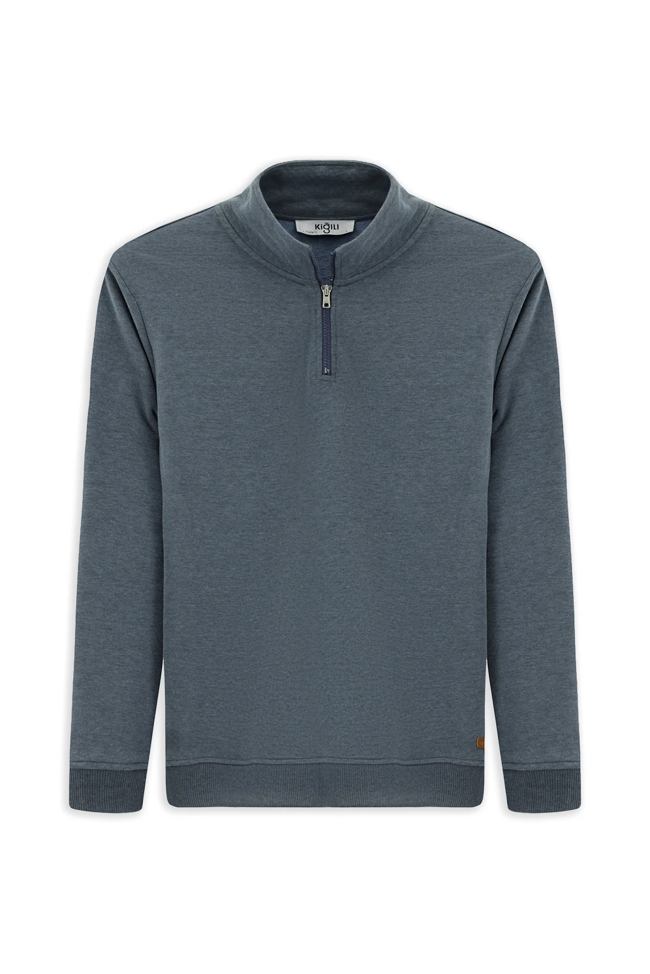 İndigo Melanj Yarım Balıkçı Yaka Yaka Regular Fit Fermuarlı Pamuklu Sweatshirt - Image 6