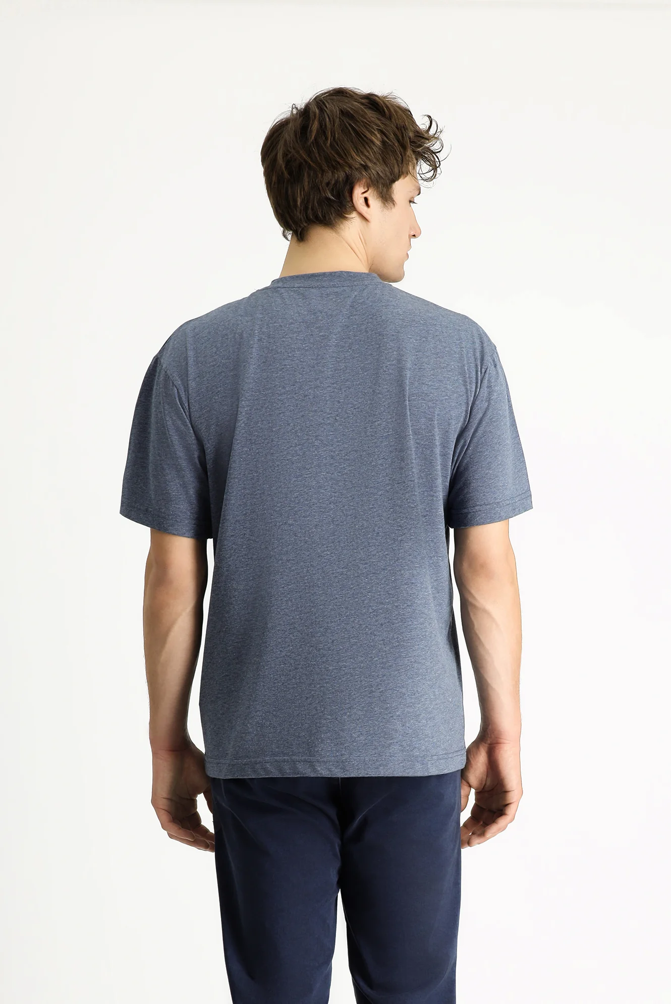 İndigo Melanj Bisiklet Yaka Oversize Baskılı Pamuk Tişört - Image 5