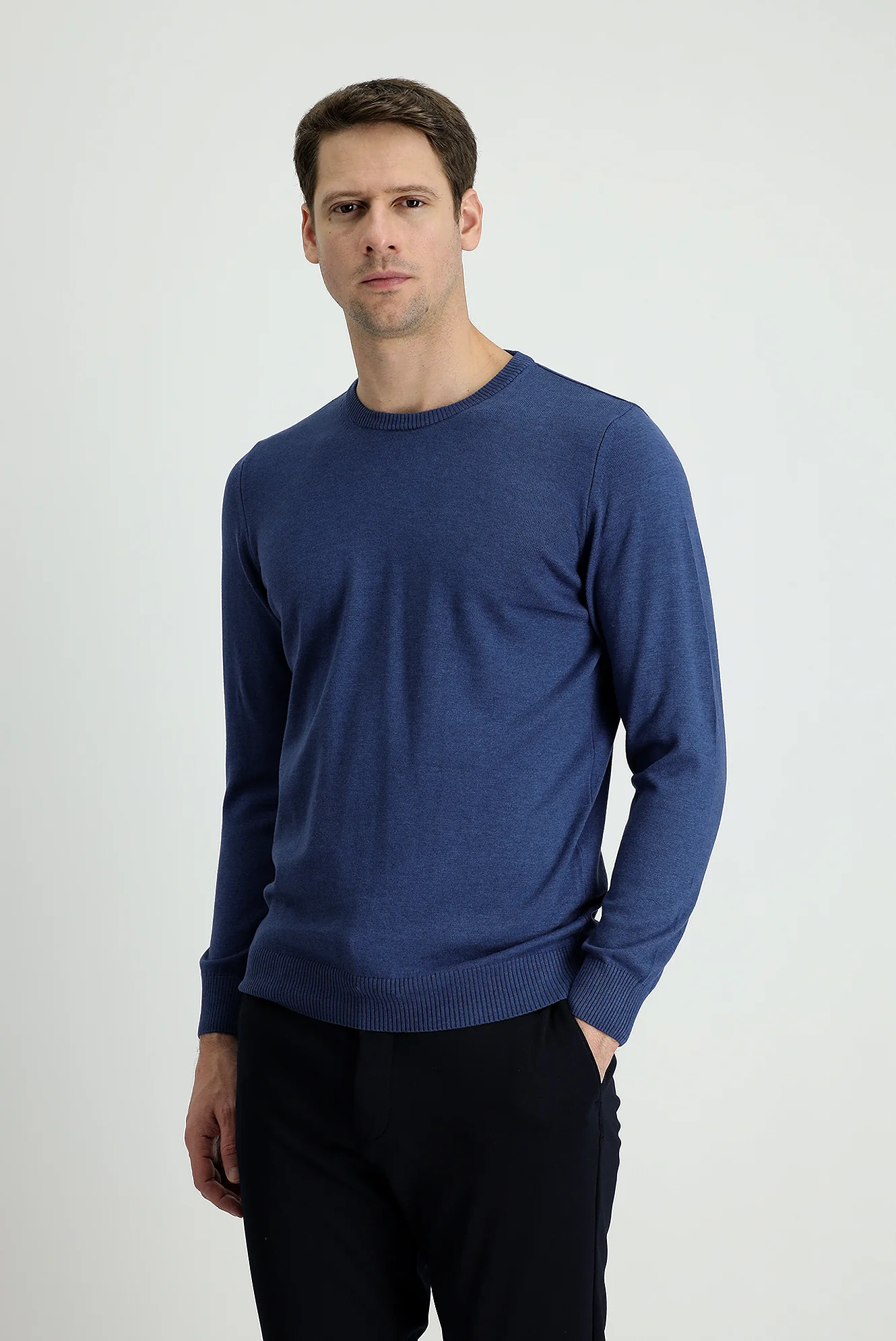 İndigo Melanj Bisiklet Yaka Slim Fit Dar Kesim Pamuklu Triko Kazak