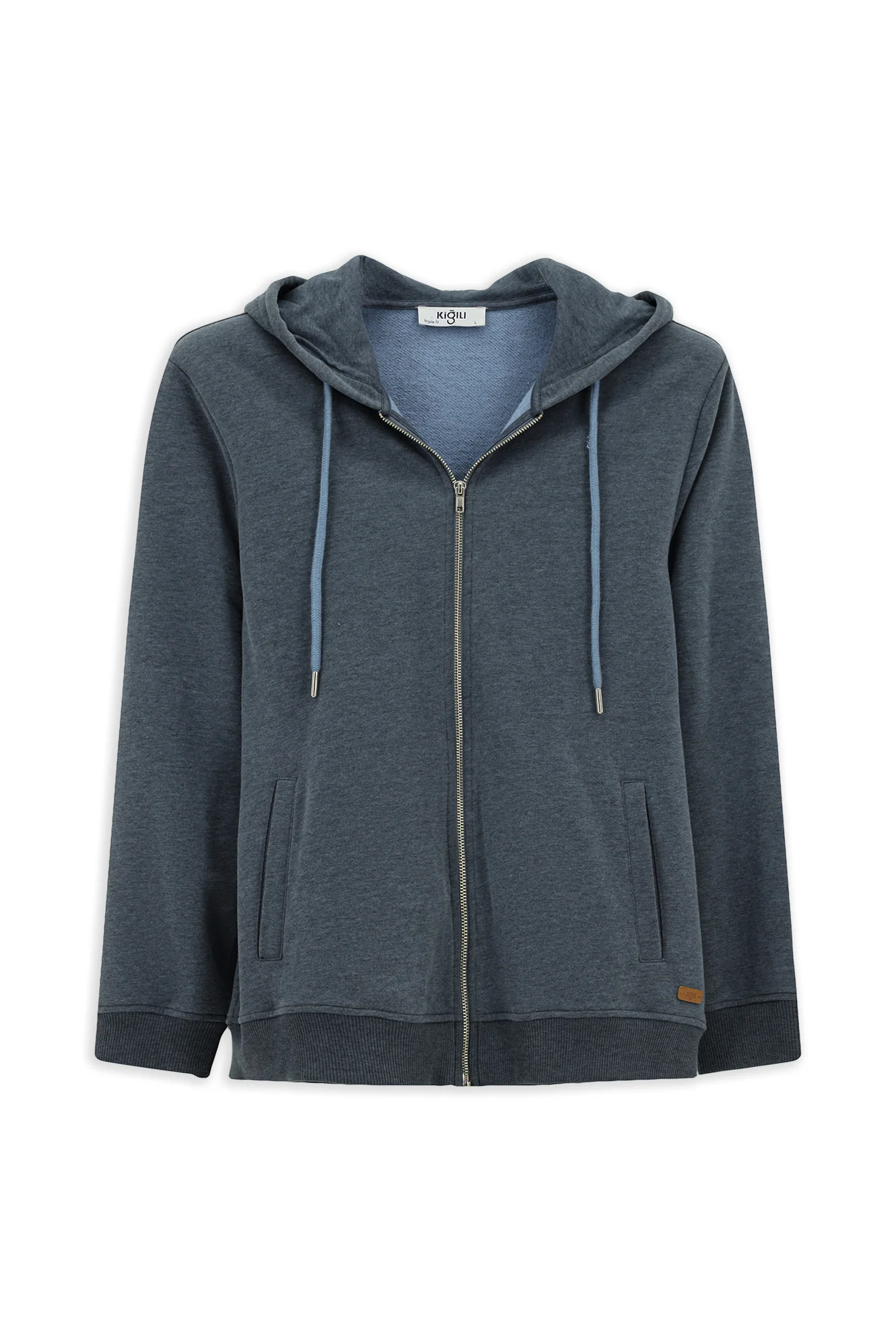 İndigo Melanj Kapüşonlu Fermuarlı Pamuklu Sweat Hırka - Image 6