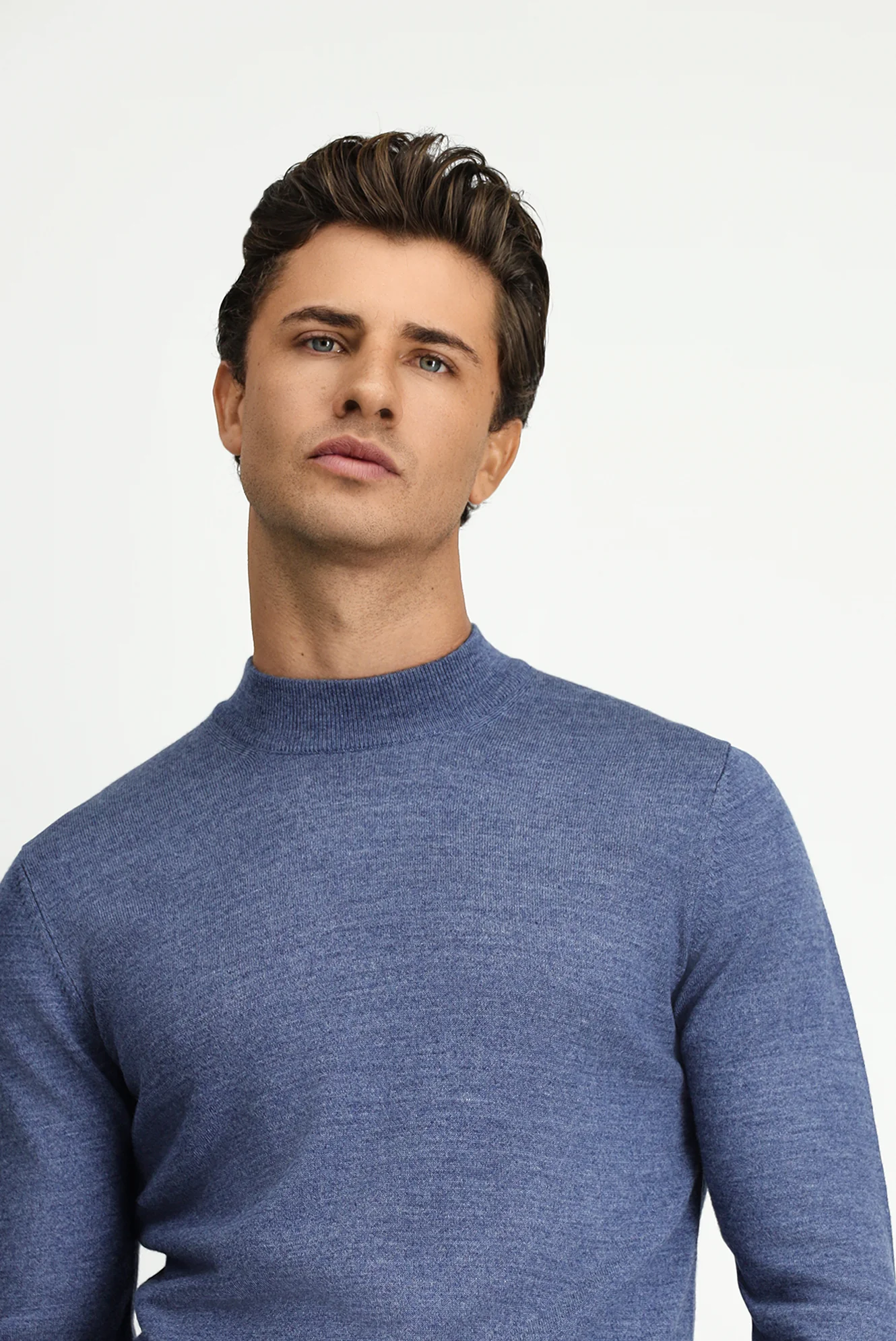 İndigo Melanj Yarım Balıkçı Yaka Regular Fit Yünlü Basic Örme Triko Kazak - Image 3