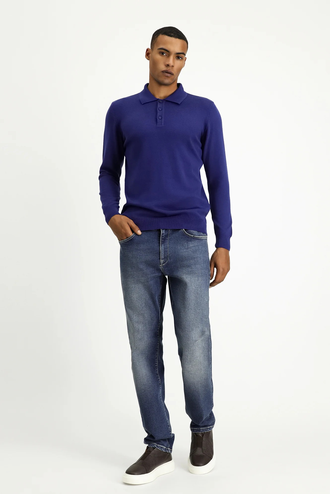 İndigo Polo Yaka Regular Fit Pamuklu Triko Kazak - Image 2