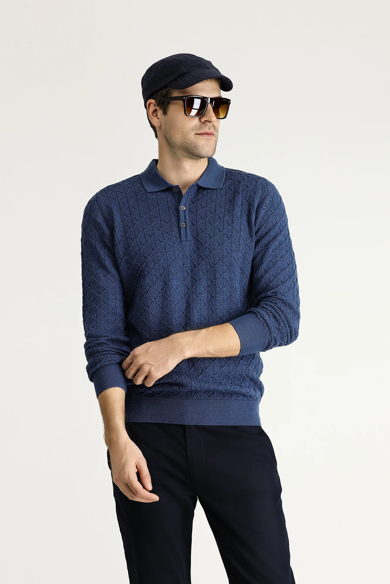 İndigo Polo Yaka Slim Fit Dar Kesim Desenli Yünlü Triko Kazak - Image 2