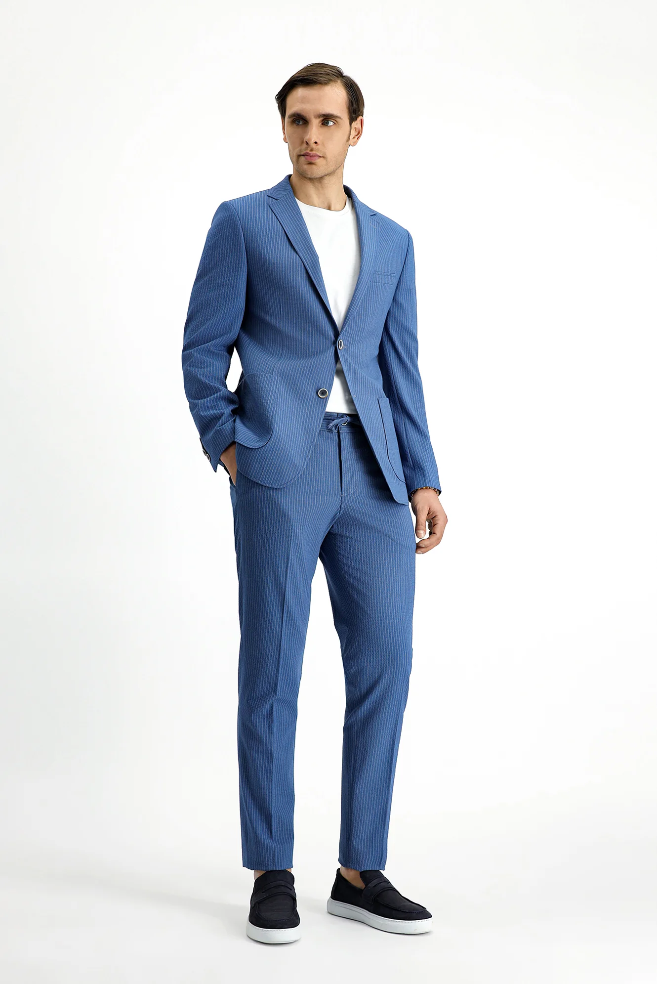 İndigo 7 Drop Super Slim Fit Eksra Dar Kesim Çizgili Beli Lastikli İpli Gofre Takım Elbise