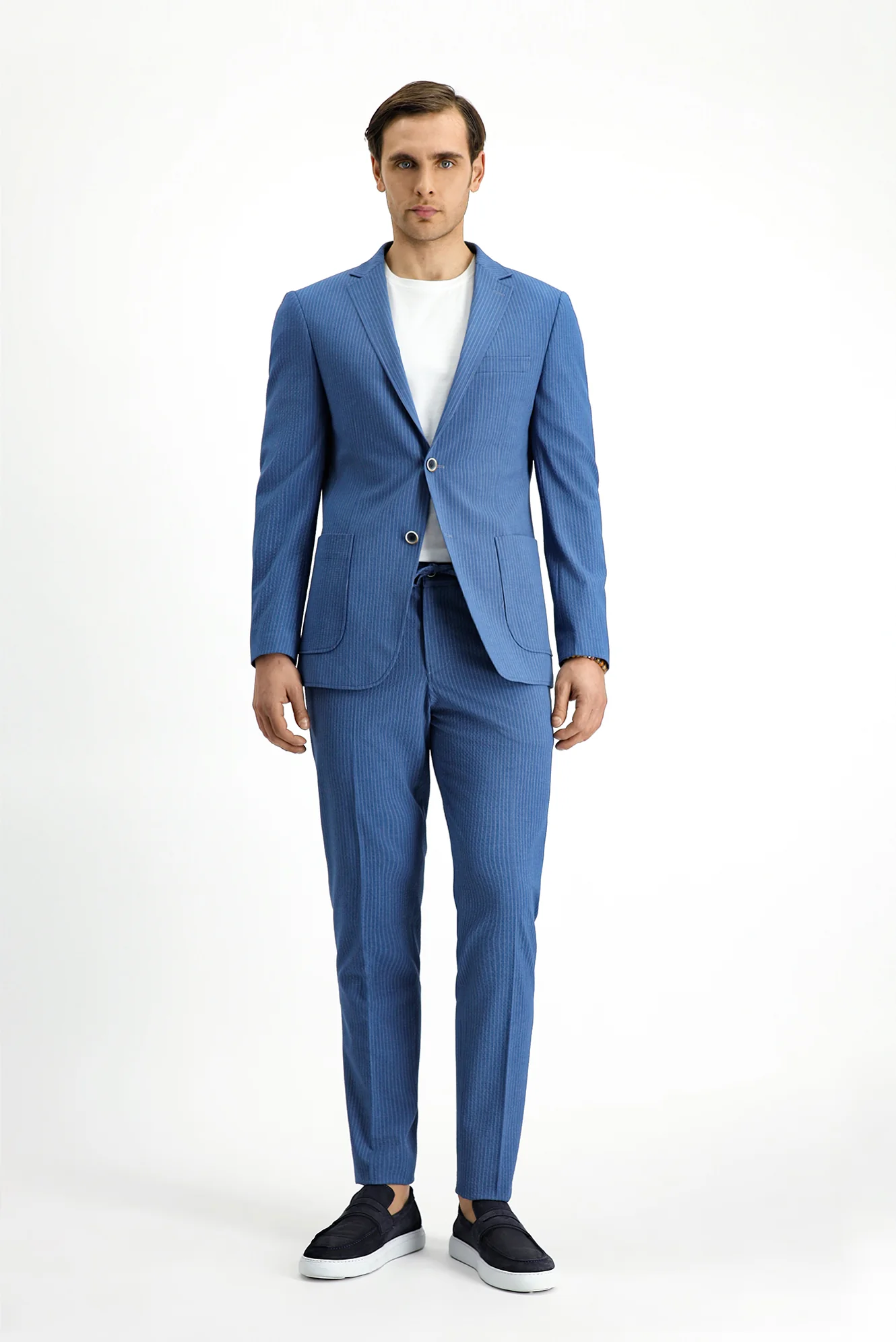 İndigo 7 Drop Super Slim Fit Eksra Dar Kesim Çizgili Beli Lastikli İpli Gofre Takım Elbise - Image 2