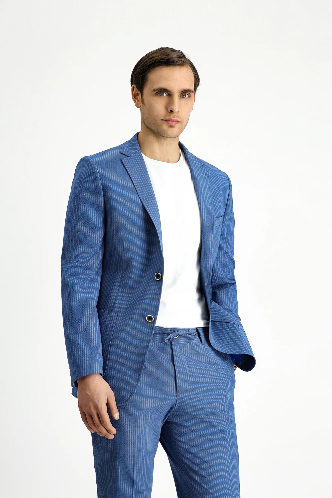 İndigo 7 Drop Super Slim Fit Eksra Dar Kesim Çizgili Beli Lastikli İpli Gofre Takım Elbise - Image 3